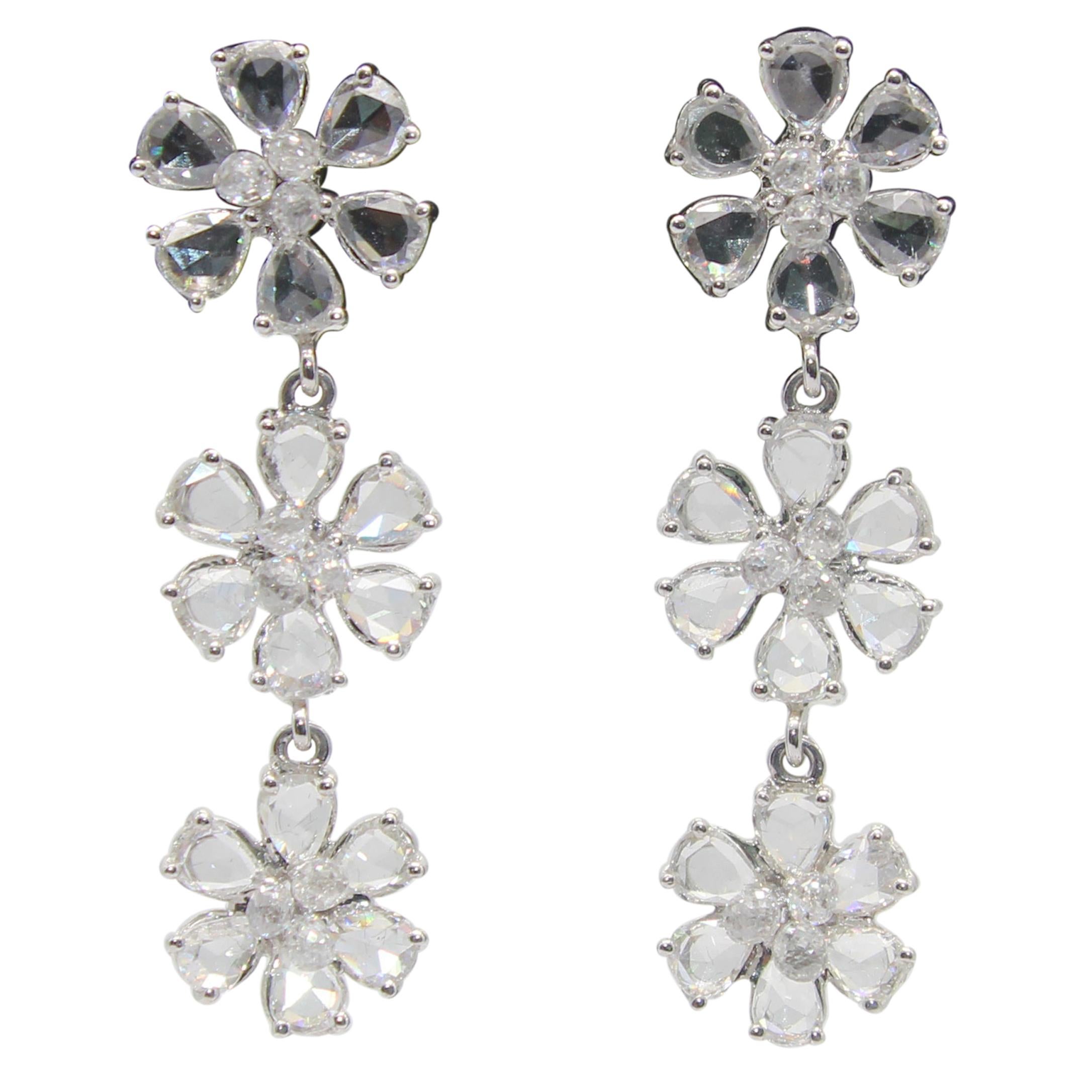 PANIM  Diamond Rosecut and Briolette 18k White Gold Floral Earrings For Sale