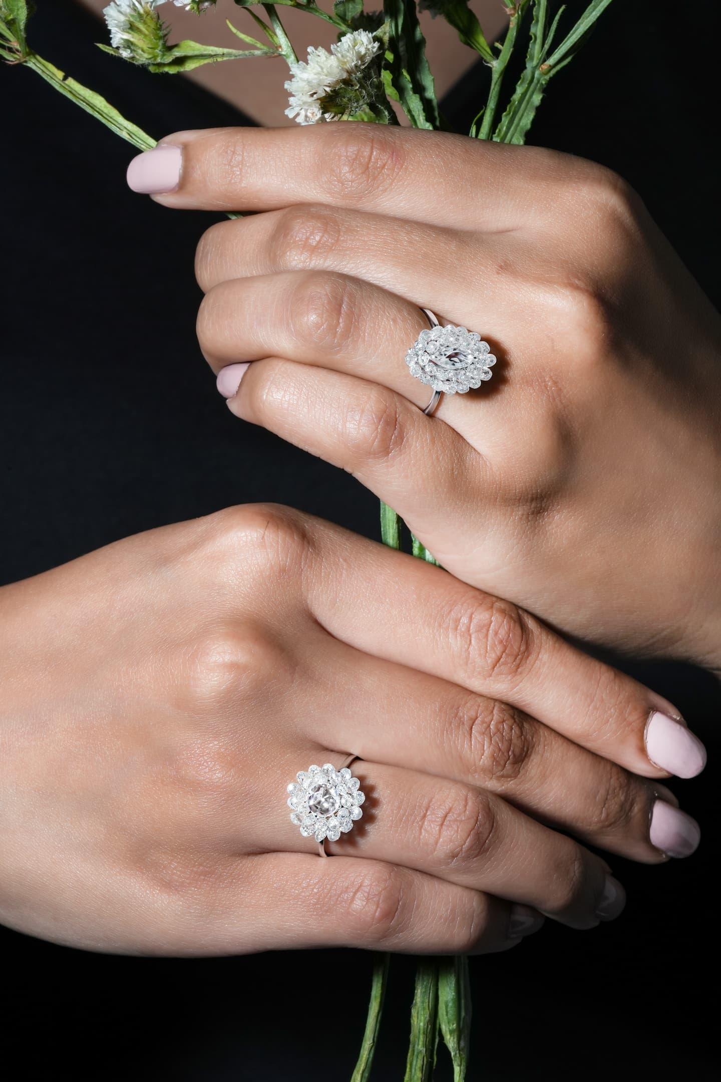 Panim Diamant Rosecut & Briolette 18k Weißgold Ring (Moderne) im Angebot