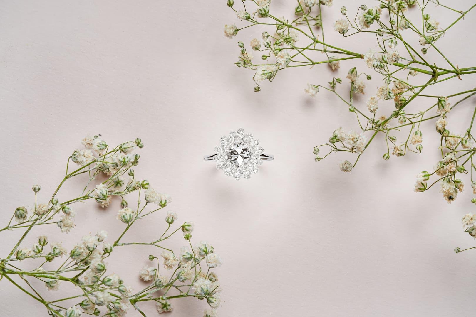 Panim Diamant Rosecut & Briolette 18k Weißgold Ring im Angebot 1