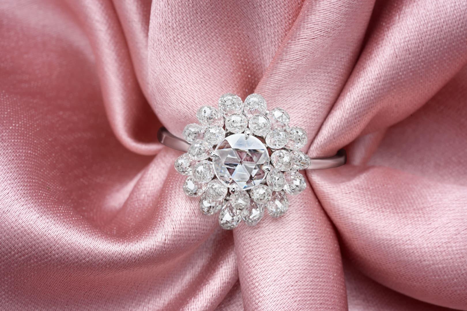 Panim Diamond Rosecut & Briolette 18k White Gold Ring For Sale 1