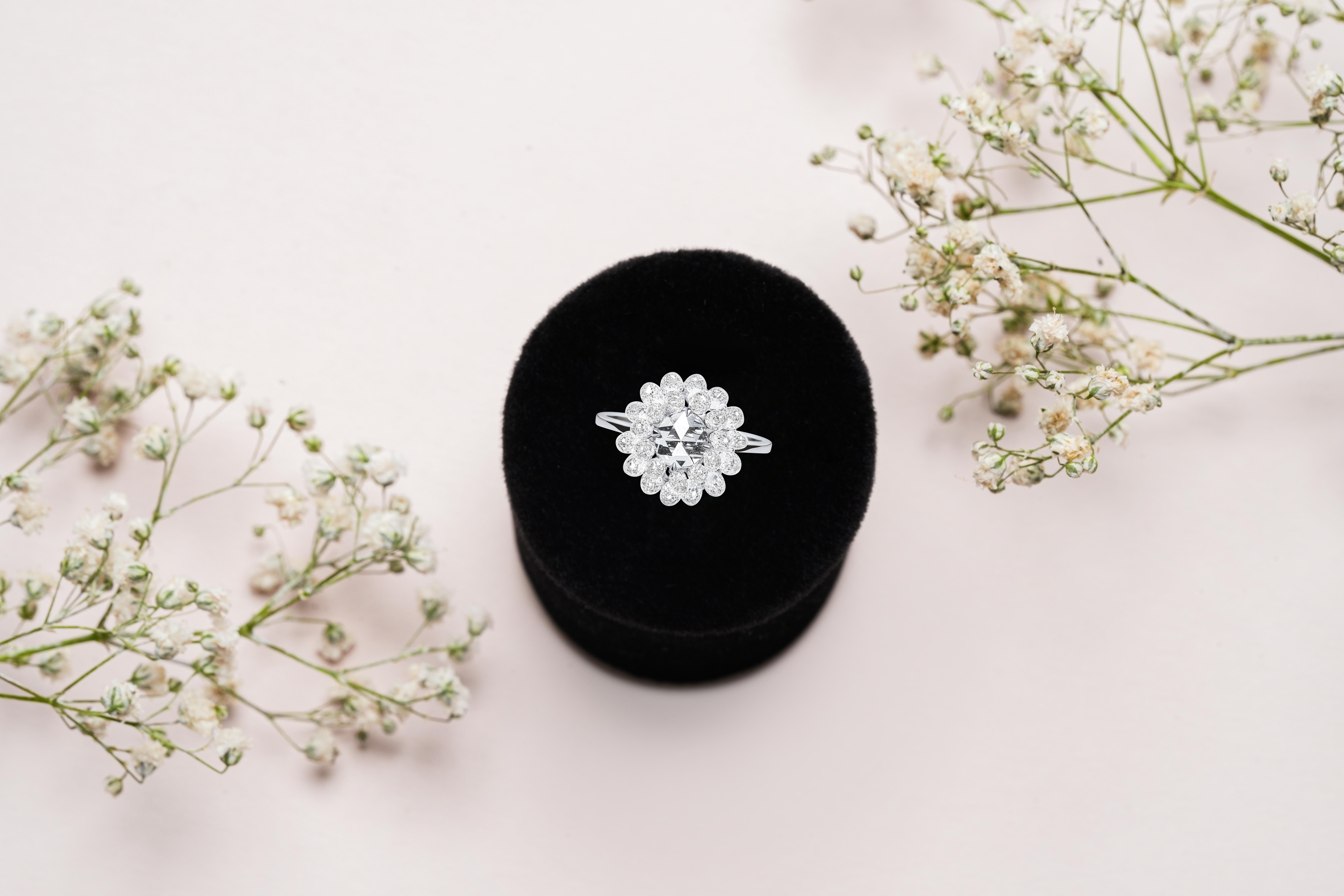 Panim Diamond Rosecut & Briolette 18k White Gold Ring For Sale 2