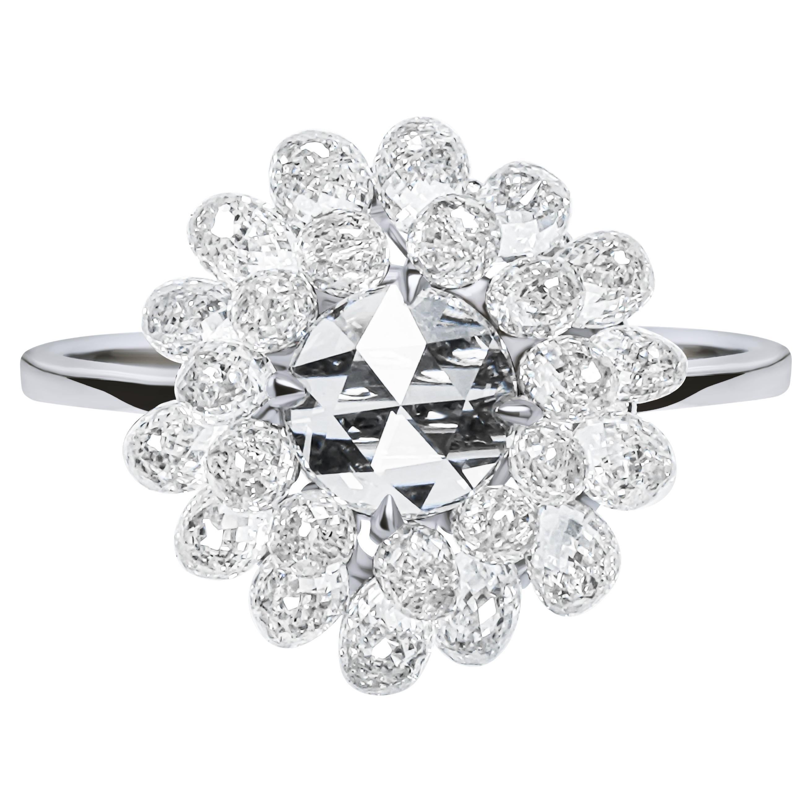 Panim Diamond Rosecut & Briolette 18k White Gold Ring For Sale