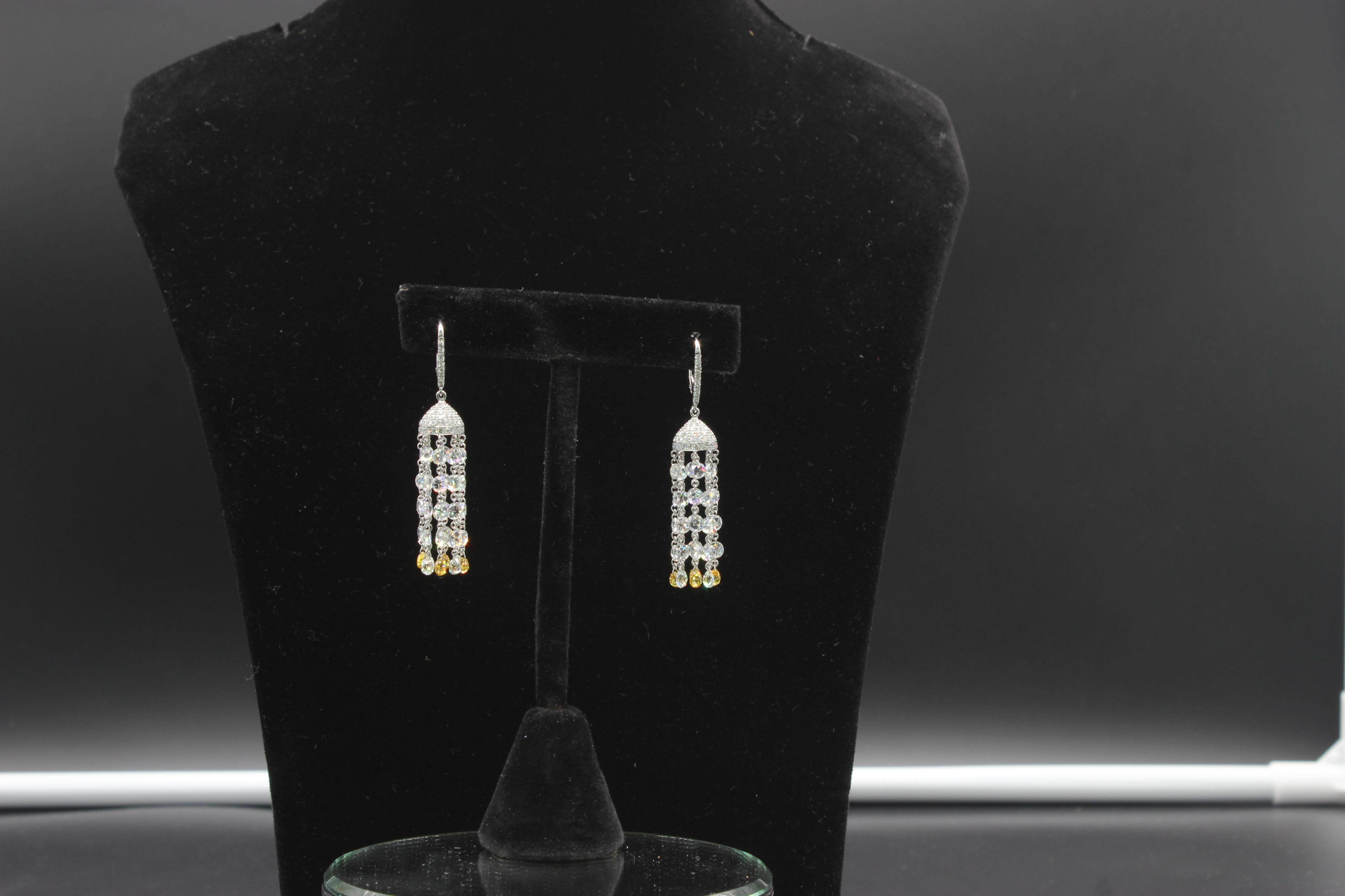 PANIM Diamond Rosecut & Fancy Color Briolette 18K White Gold Tassel Earrings For Sale 3