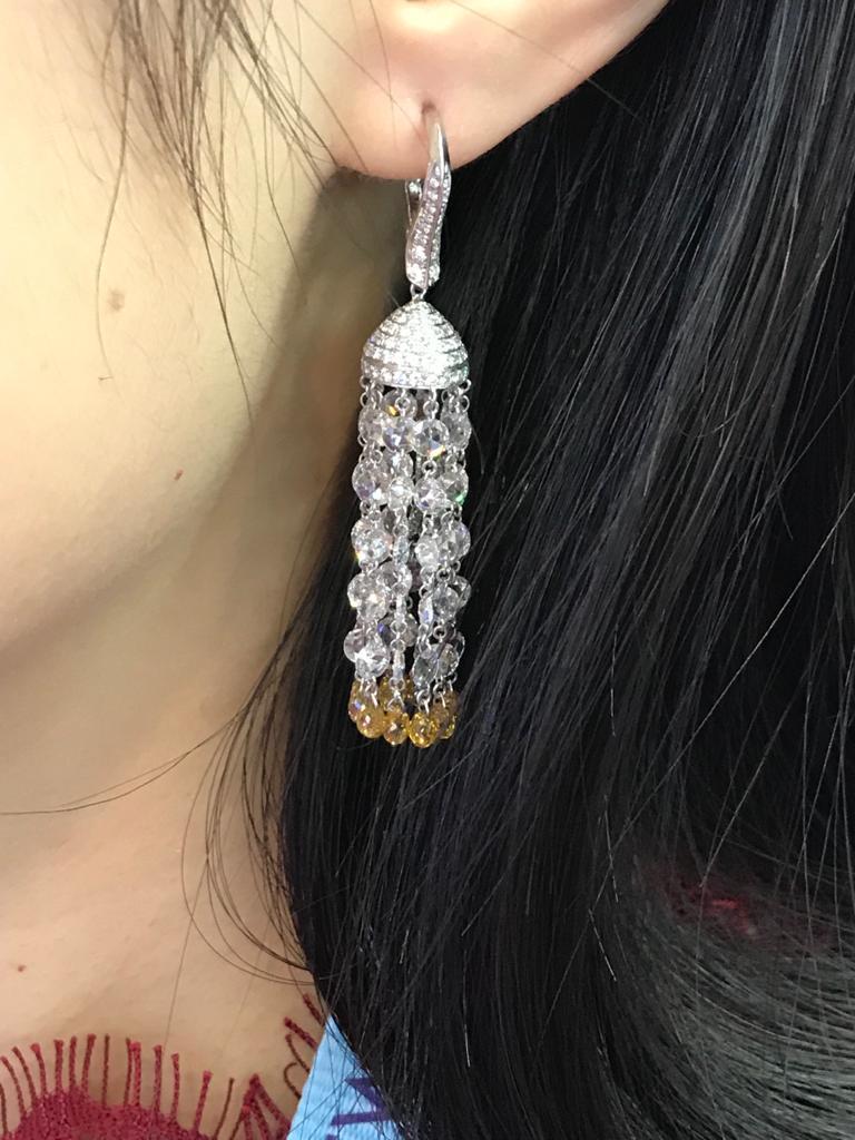 PANIM Diamond Rosecut & Fancy Color Briolette 18K White Gold Tassel Earrings In New Condition For Sale In Tsim Sha Tsui, Hong Kong