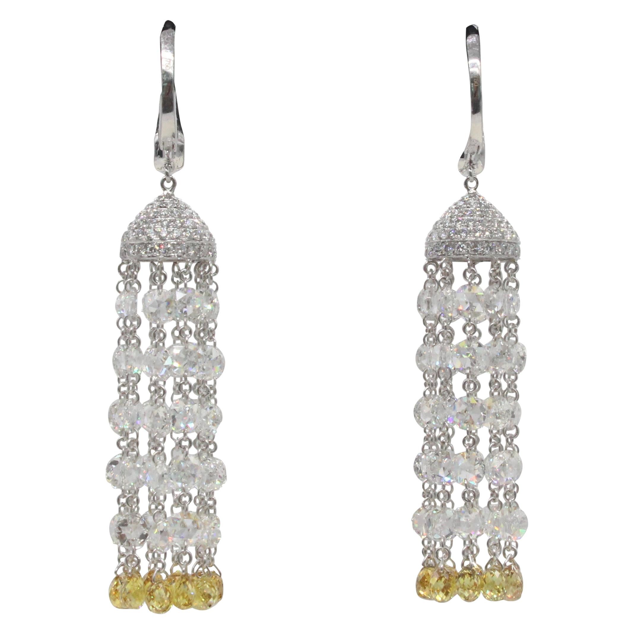 PANIM Diamond Rosecut & Fancy Color Briolette 18K White Gold Tassel Earrings For Sale