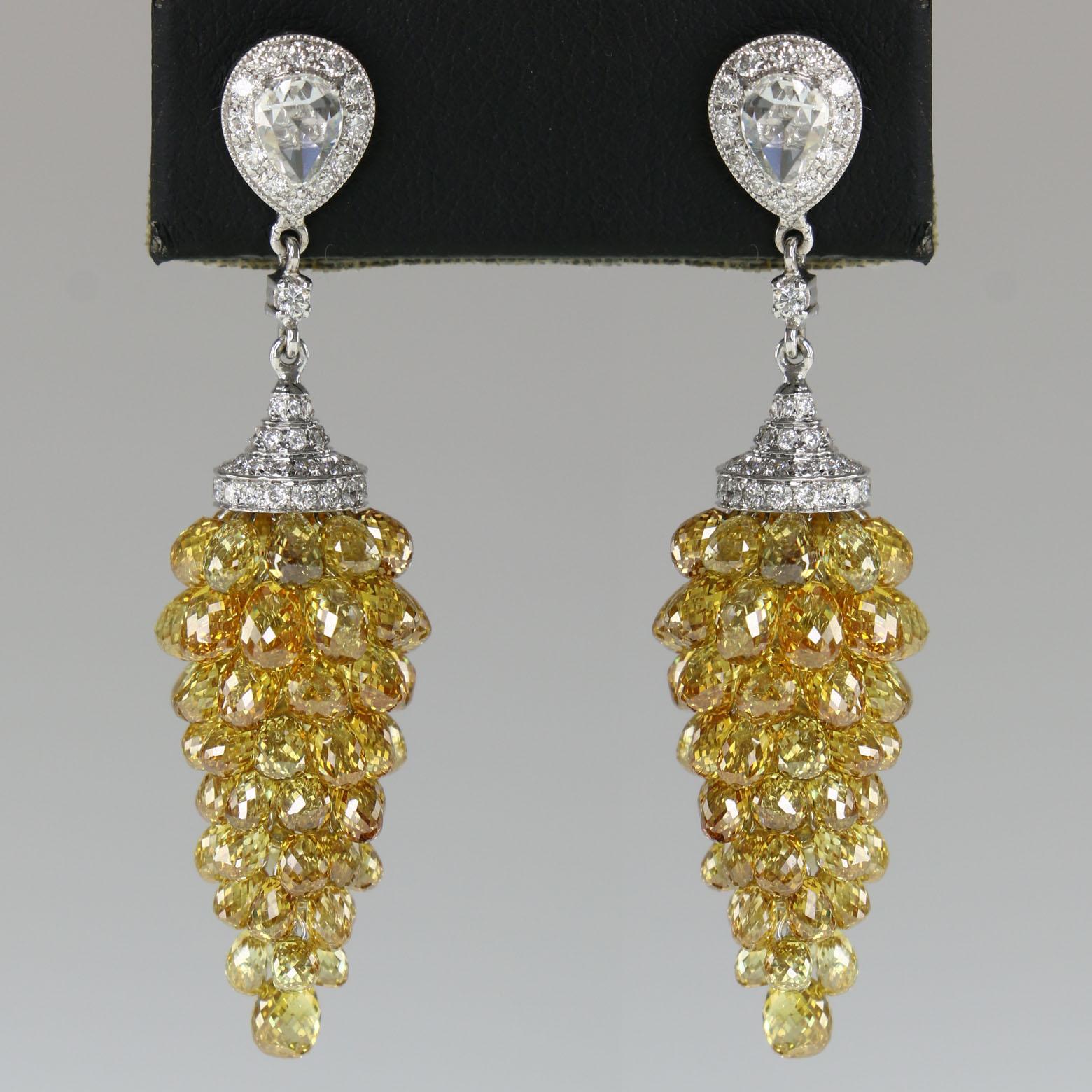 Modern PANIM  Fancy Color Diamond Briolette 18k White Gold Drop Earrings For Sale