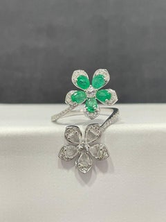 PANIM Floral Diamond Rosecut & Emrald Ring in 18 Karat White Gold