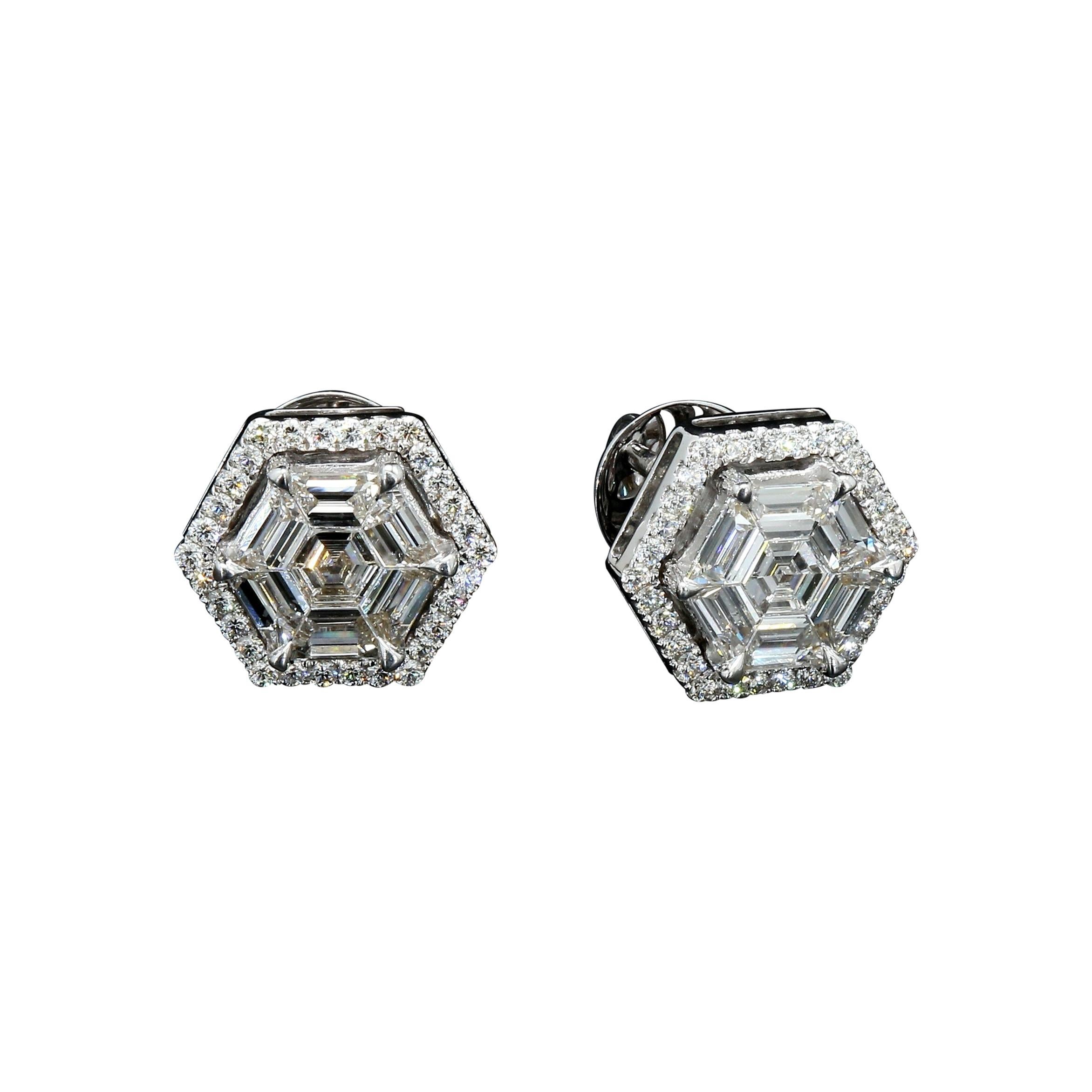 PANIM Boucles d'oreilles en or blanc 18 carats avec diamants en forme d'illusion hexagonale