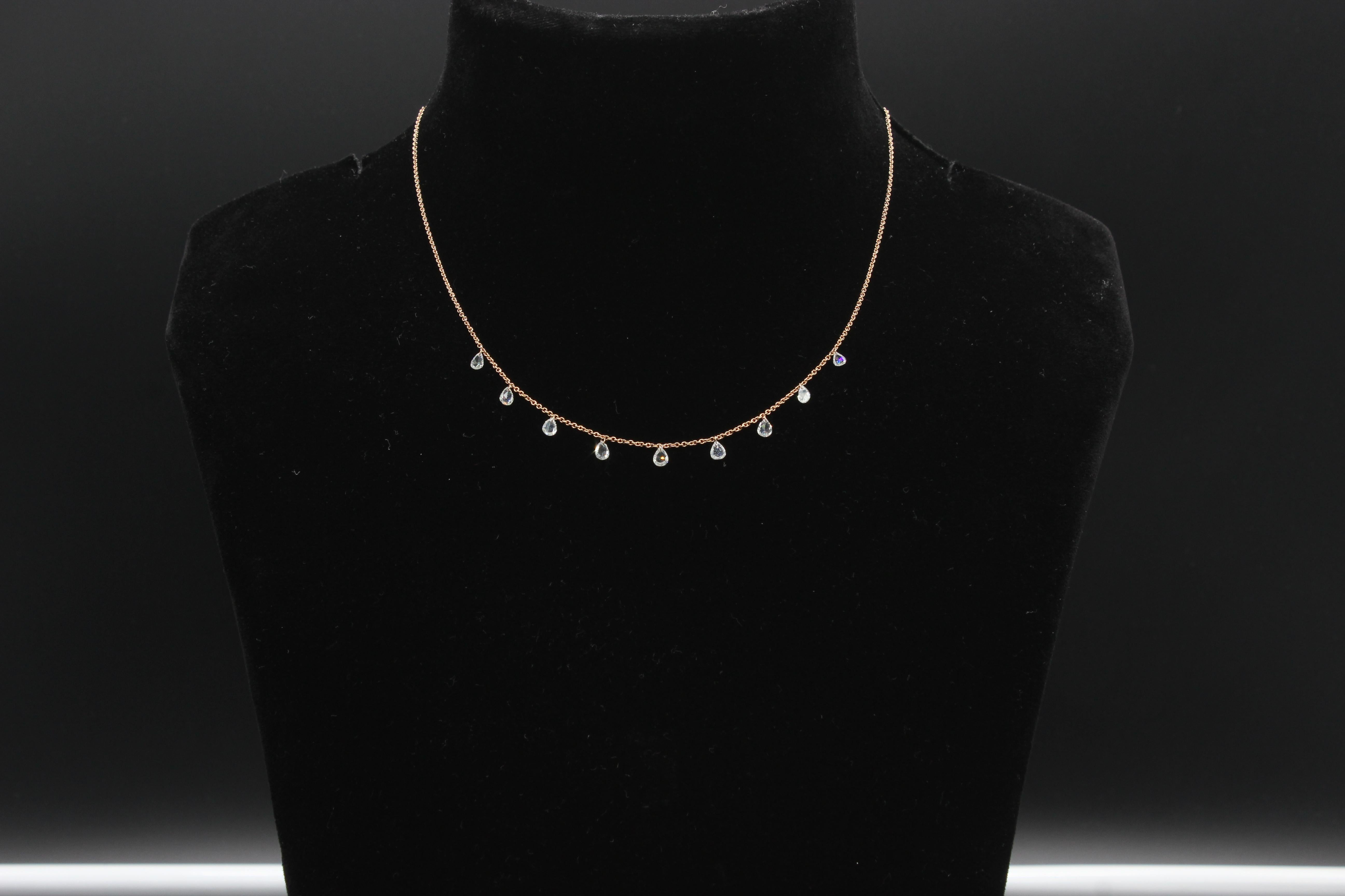 PANIM Mille Etoiles 9 Pear Diamond Rosecut 18K Rose Gold Necklace

This necklace features 9 Pear Shaped white diamond Rose cut spaced evenly apart from each other. They have been pierced and hung from the chain with an almost invisible gold loop.