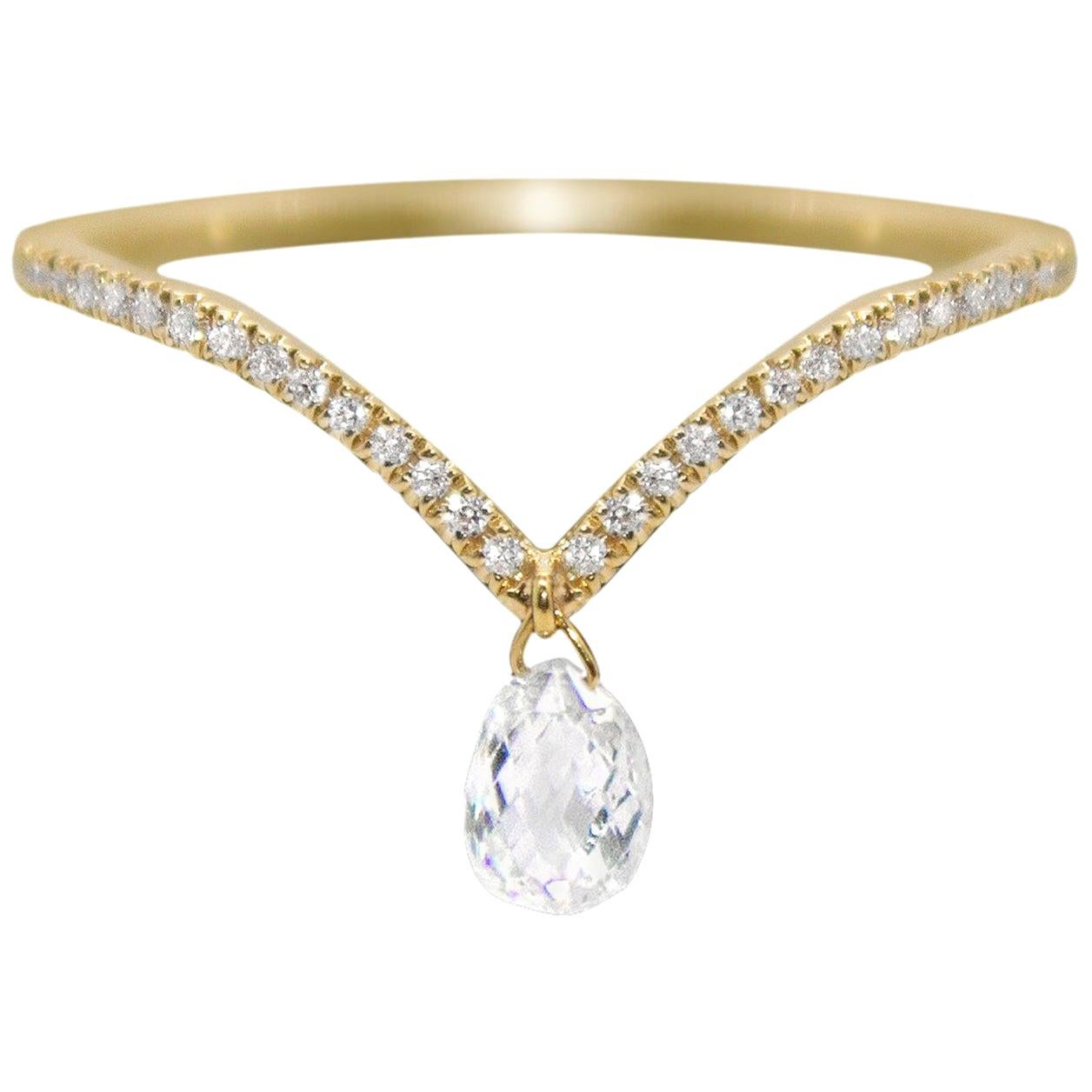 PANIM Mono Diamond Briolette Dangling Ring 18 Karat Gold For Sale