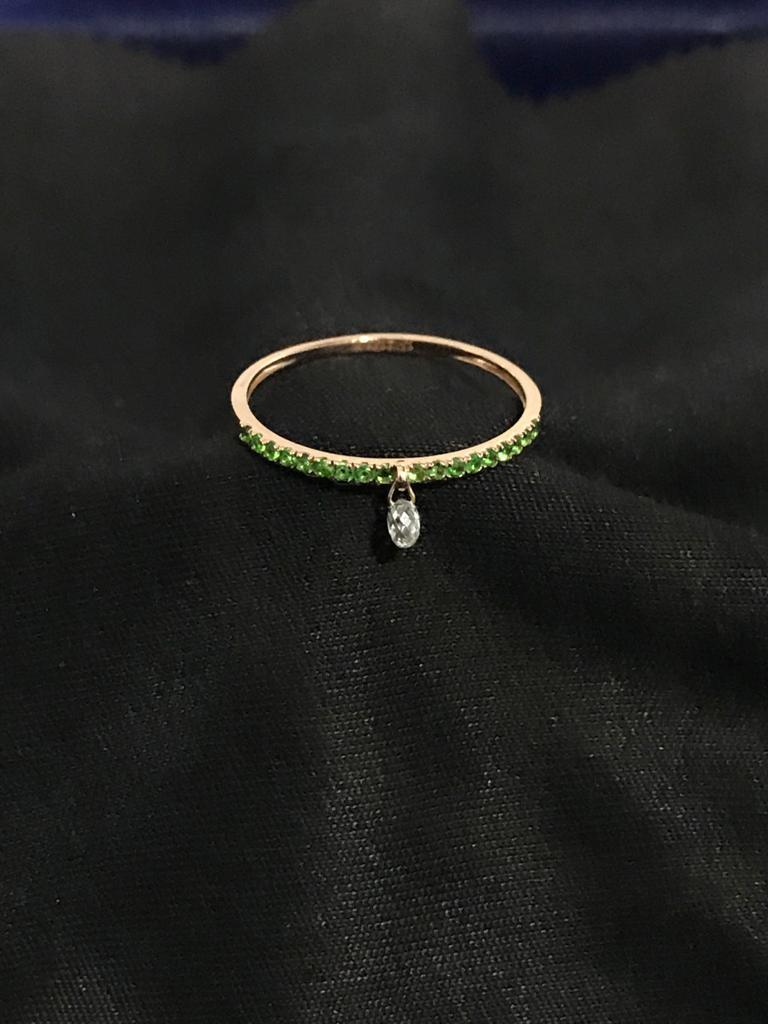 Modern PANIM Mono Diamond Briolette & Emerald 18K Rose Gold Dangling Ring For Sale