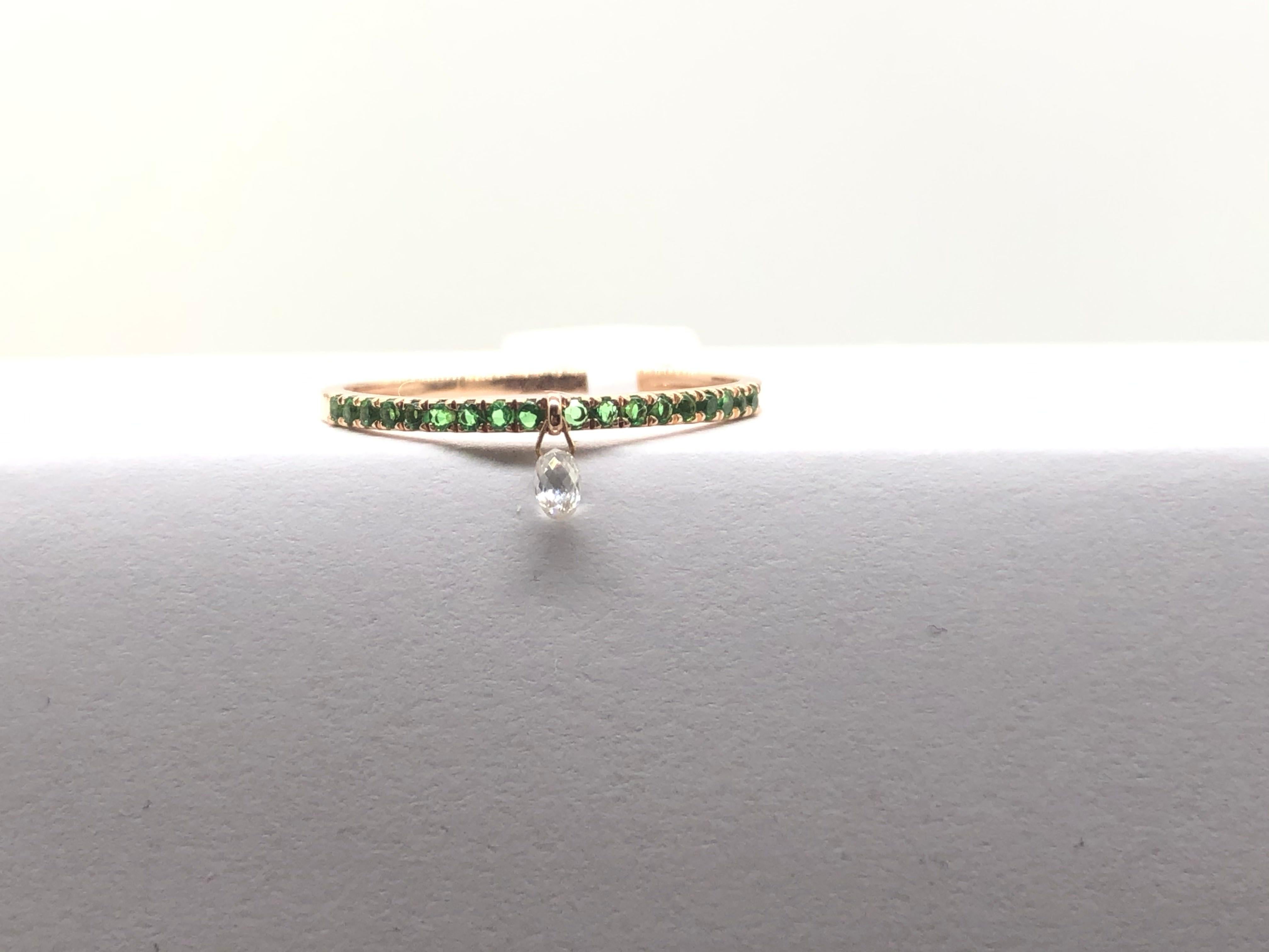 Briolette Cut PANIM Mono Diamond Briolette & Emerald 18K Rose Gold Dangling Ring For Sale