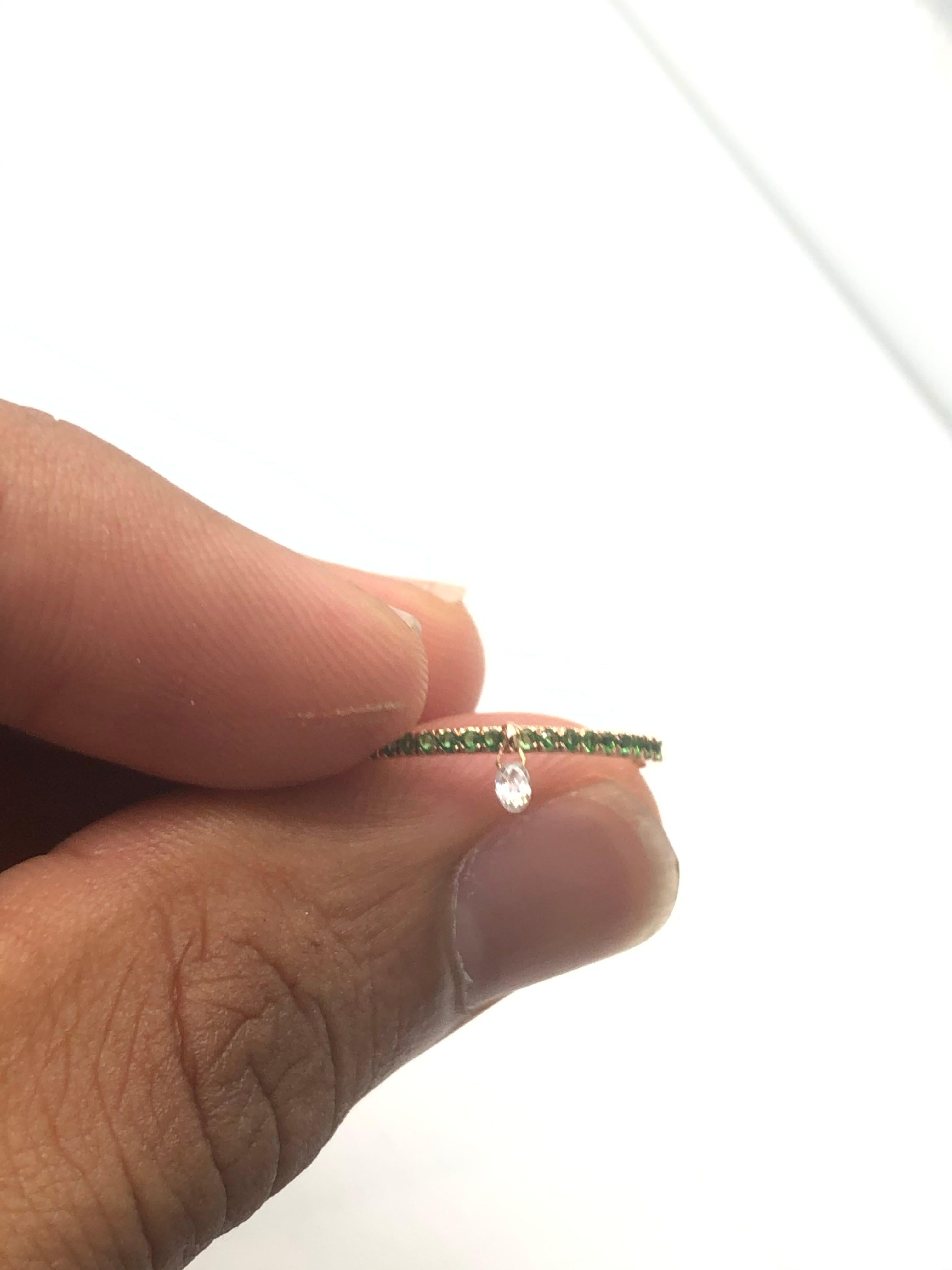 PANIM Mono Diamond Briolette & Emerald 18K Rose Gold Dangling Ring For Sale 1
