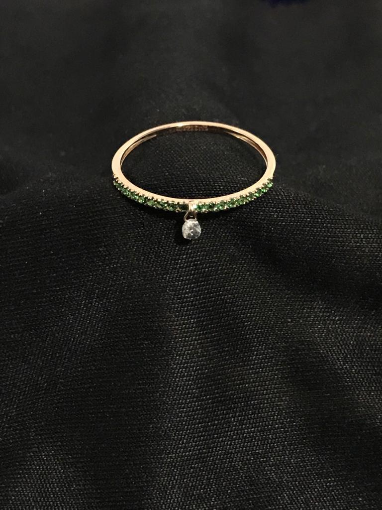 PANIM Mono Diamond Briolette & Emerald 18K Rose Gold Dangling Ring For Sale 2