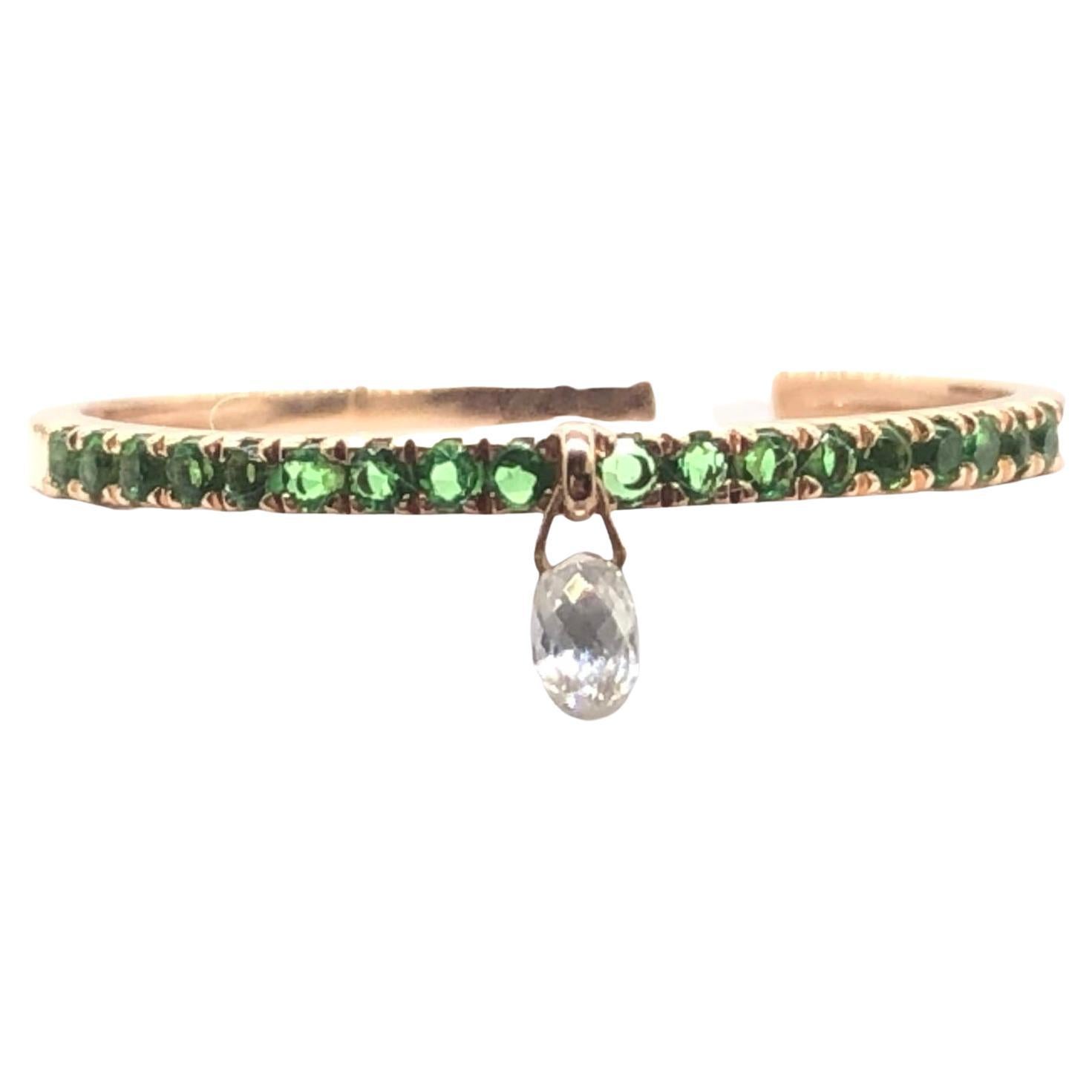 PANIM Mono Diamond Briolette & Emerald 18K Rose Gold Dangling Ring For Sale