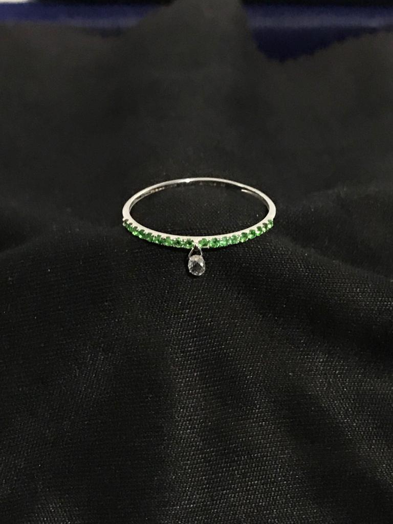 PANIM Mono Diamond Briolette & Emerald 18K White Gold Dangling Ring For Sale 1
