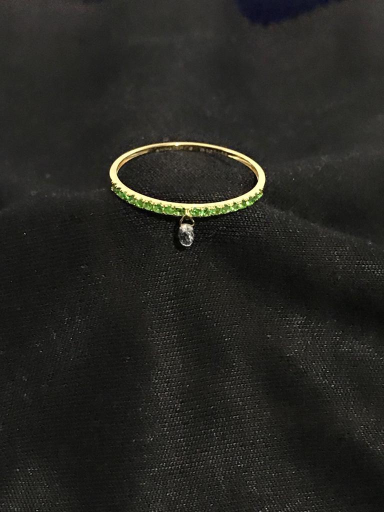 Women's PANIM Mono Diamond Briolette & Emerald 18K Yellow Gold Dangling Ring For Sale