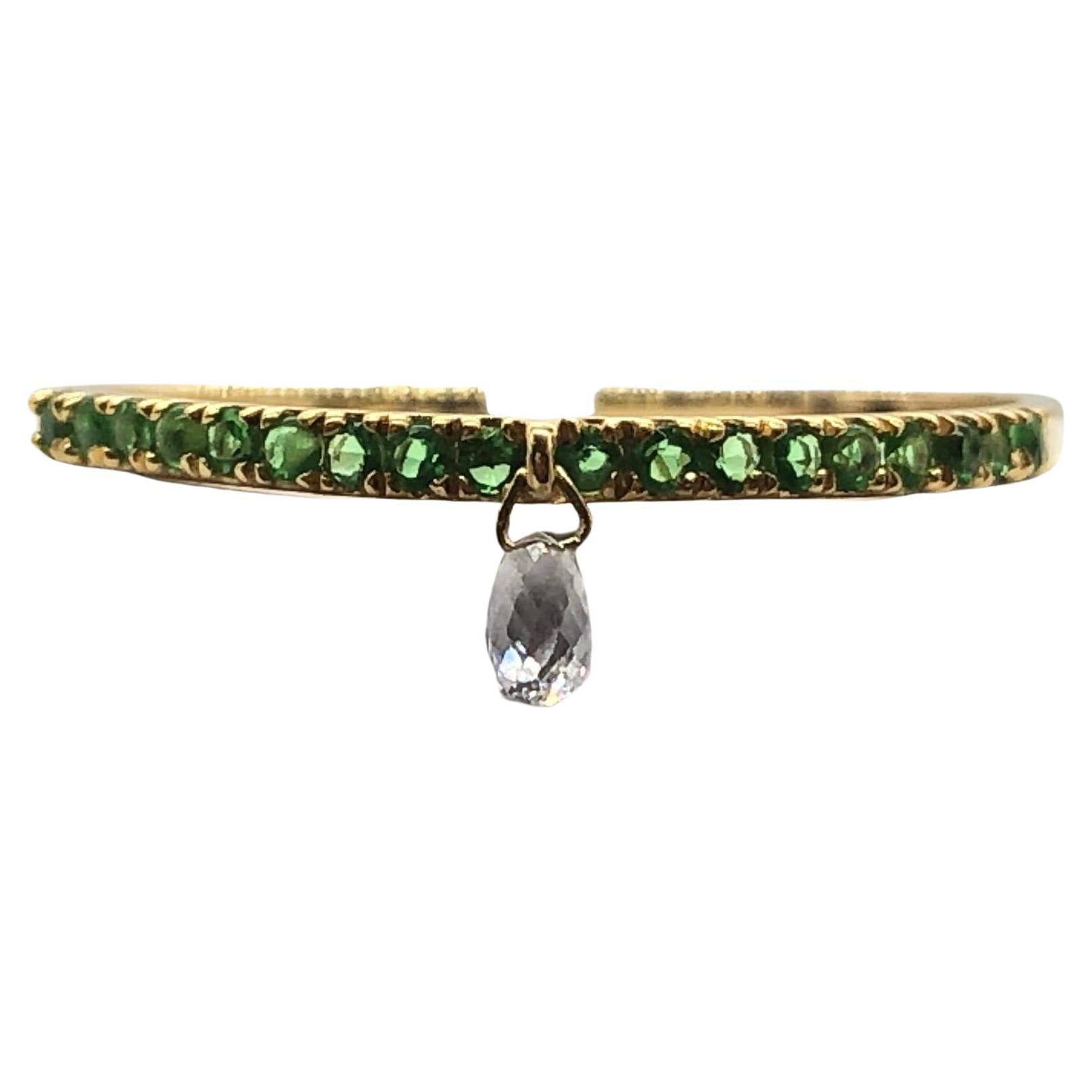 PANIM Mono Diamond Briolette & Emerald 18K Yellow Gold Dangling Ring For Sale