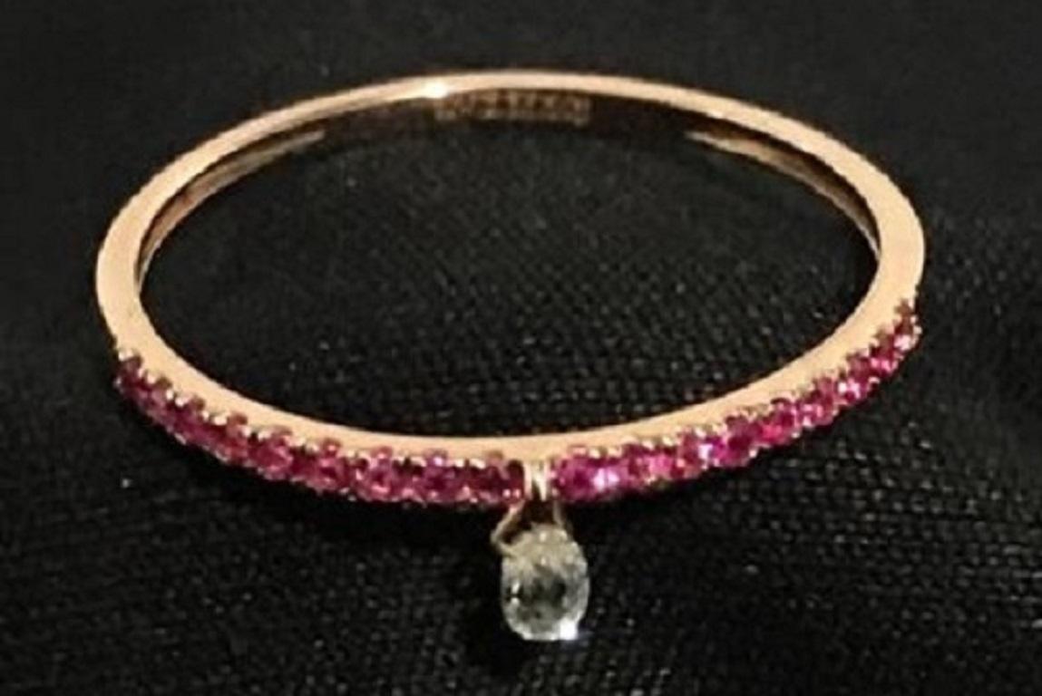 Modern PANIM Mono Diamond Briolette & Ruby 18K Rose Gold Dangling Ring For Sale