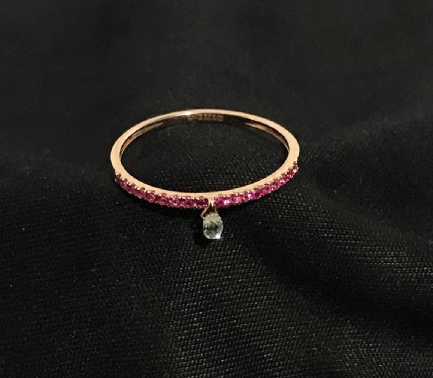 Briolette Cut PANIM Mono Diamond Briolette & Ruby 18K Rose Gold Dangling Ring For Sale