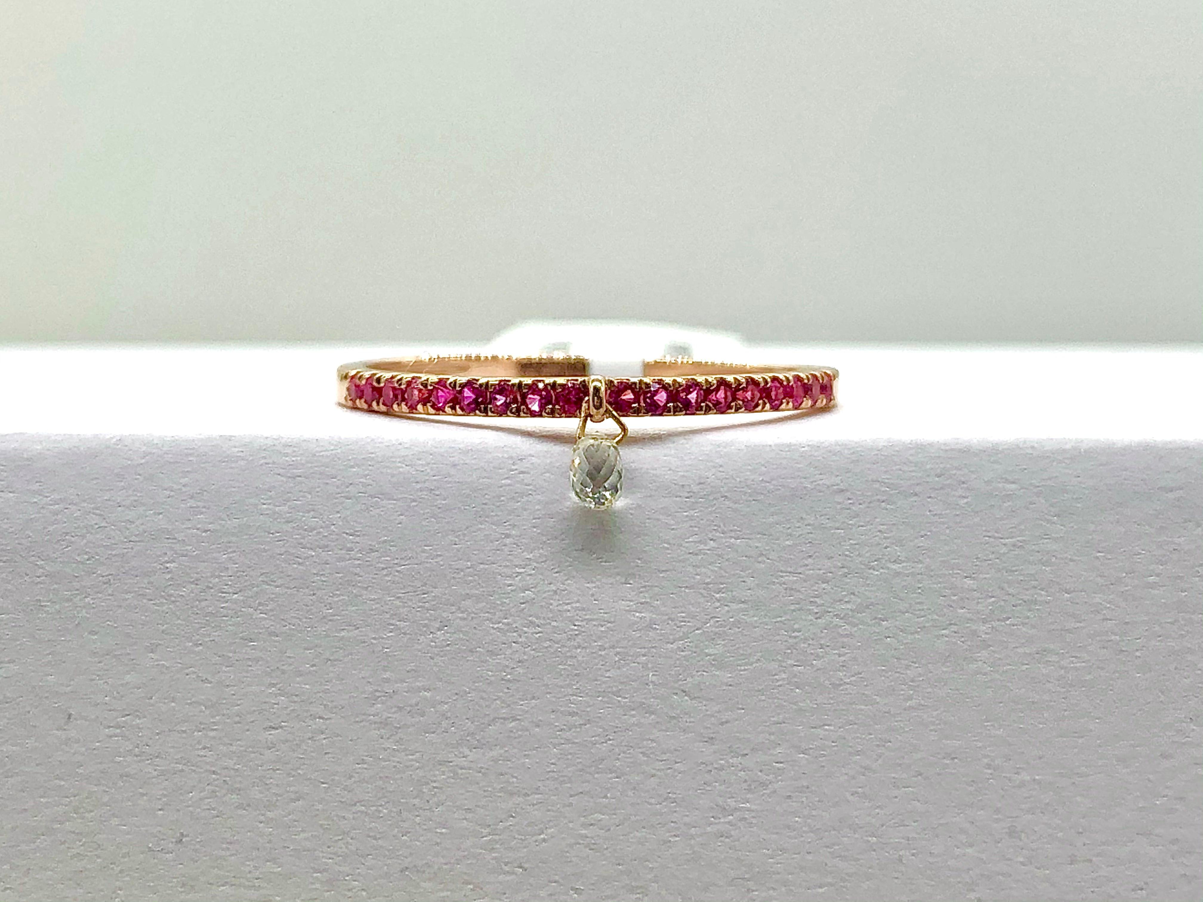 PANIM Mono Diamond Briolette & Ruby 18K Rose Gold Dangling Ring In New Condition For Sale In Tsim Sha Tsui, Hong Kong