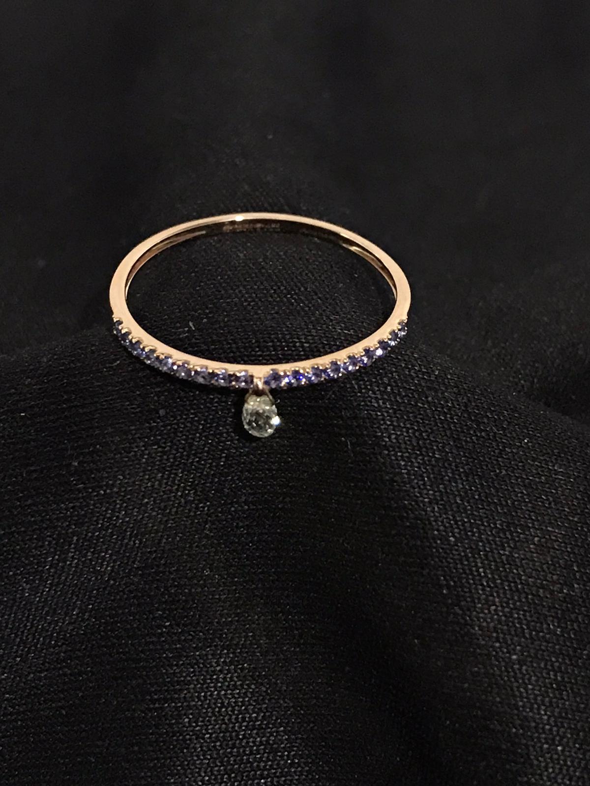 PANIM Mono Diamond Briolette & Sapphire 18K Rose Gold Dangling Ring For Sale 3