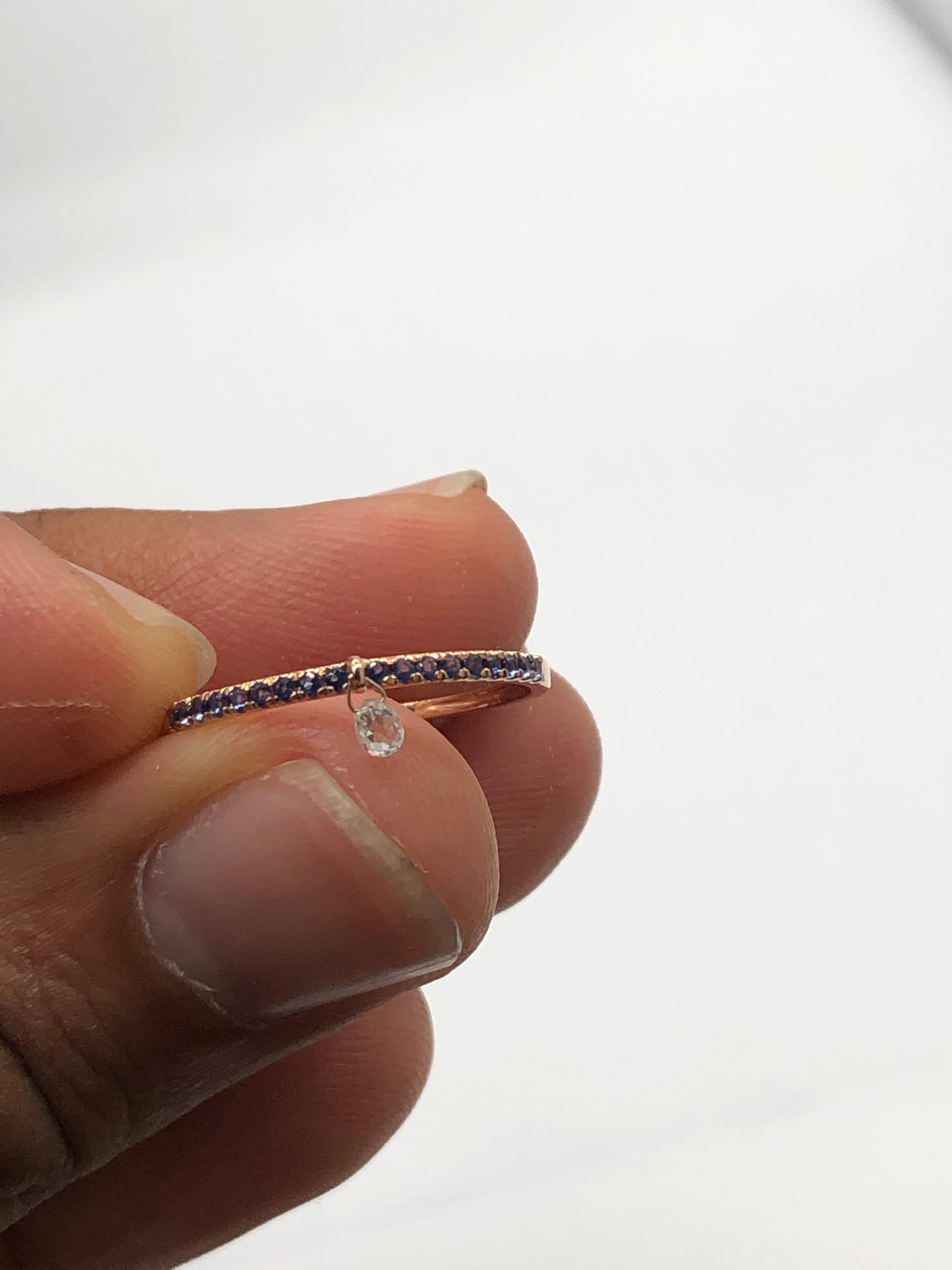 Briolette Cut PANIM Mono Diamond Briolette & Sapphire 18K Rose Gold Dangling Ring For Sale