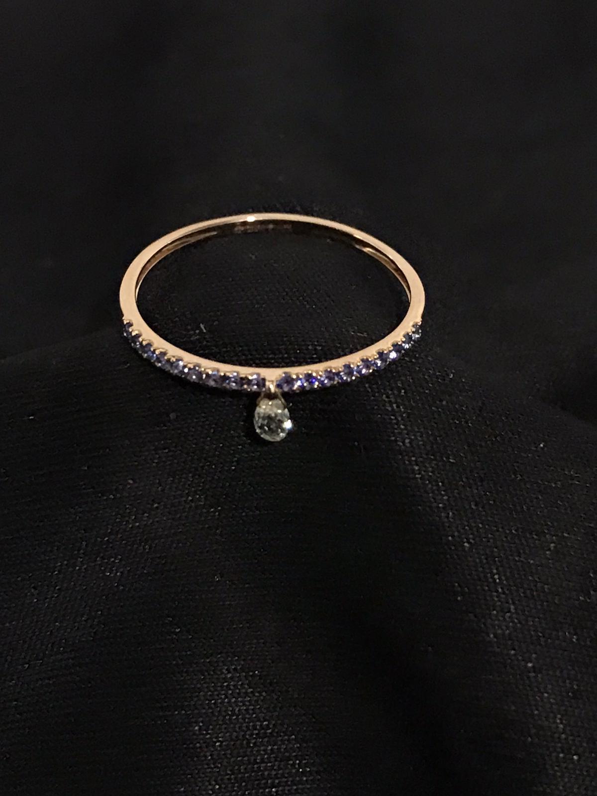 Women's PANIM Mono Diamond Briolette & Sapphire 18K Rose Gold Dangling Ring For Sale