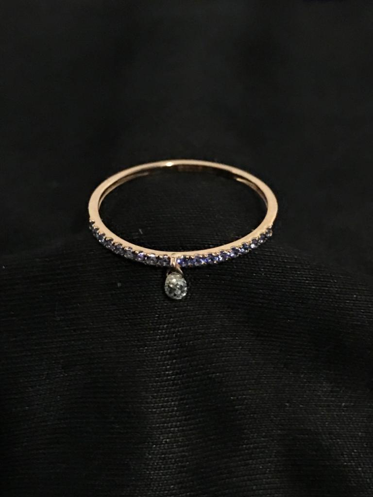 PANIM Mono Diamond Briolette & Sapphire 18K Rose Gold Dangling Ring For Sale 1