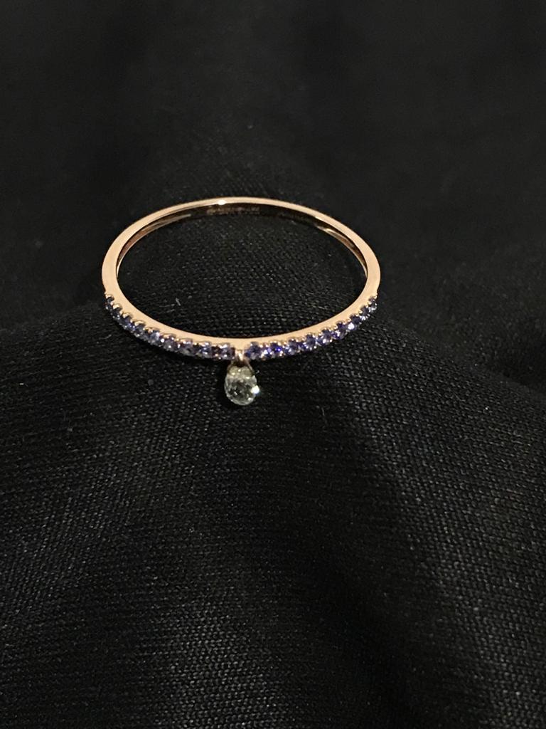 PANIM Mono Diamond Briolette & Sapphire 18K Rose Gold Dangling Ring For Sale 2