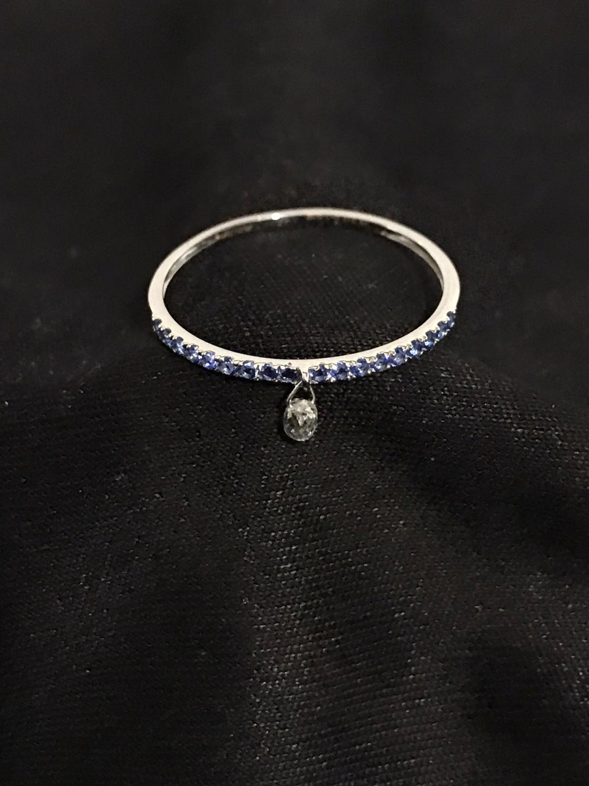 Women's PANIM Mono Diamond Briolette & Sapphire 18K White Gold Dangling Ring For Sale