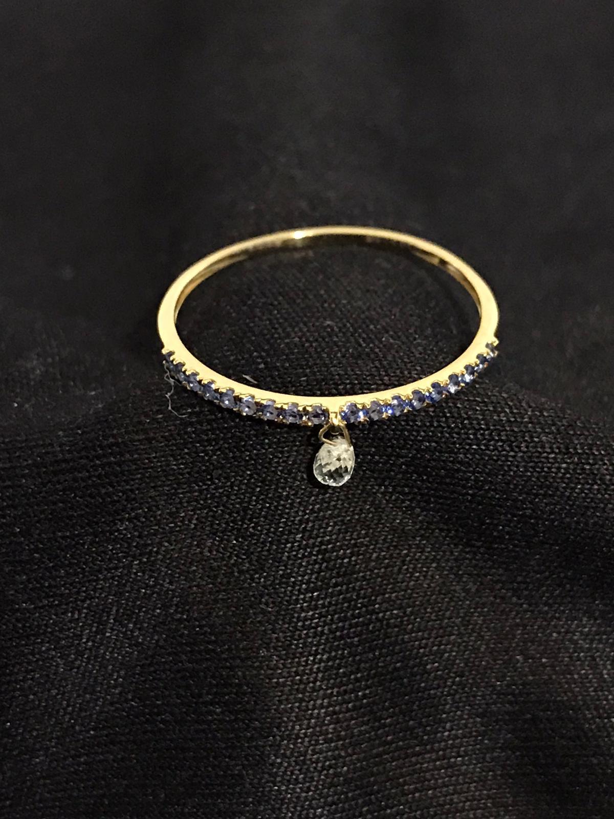 PANIM Mono Diamond Briolette & Sapphire 18K Yellow Gold Dangling Ring For Sale 4