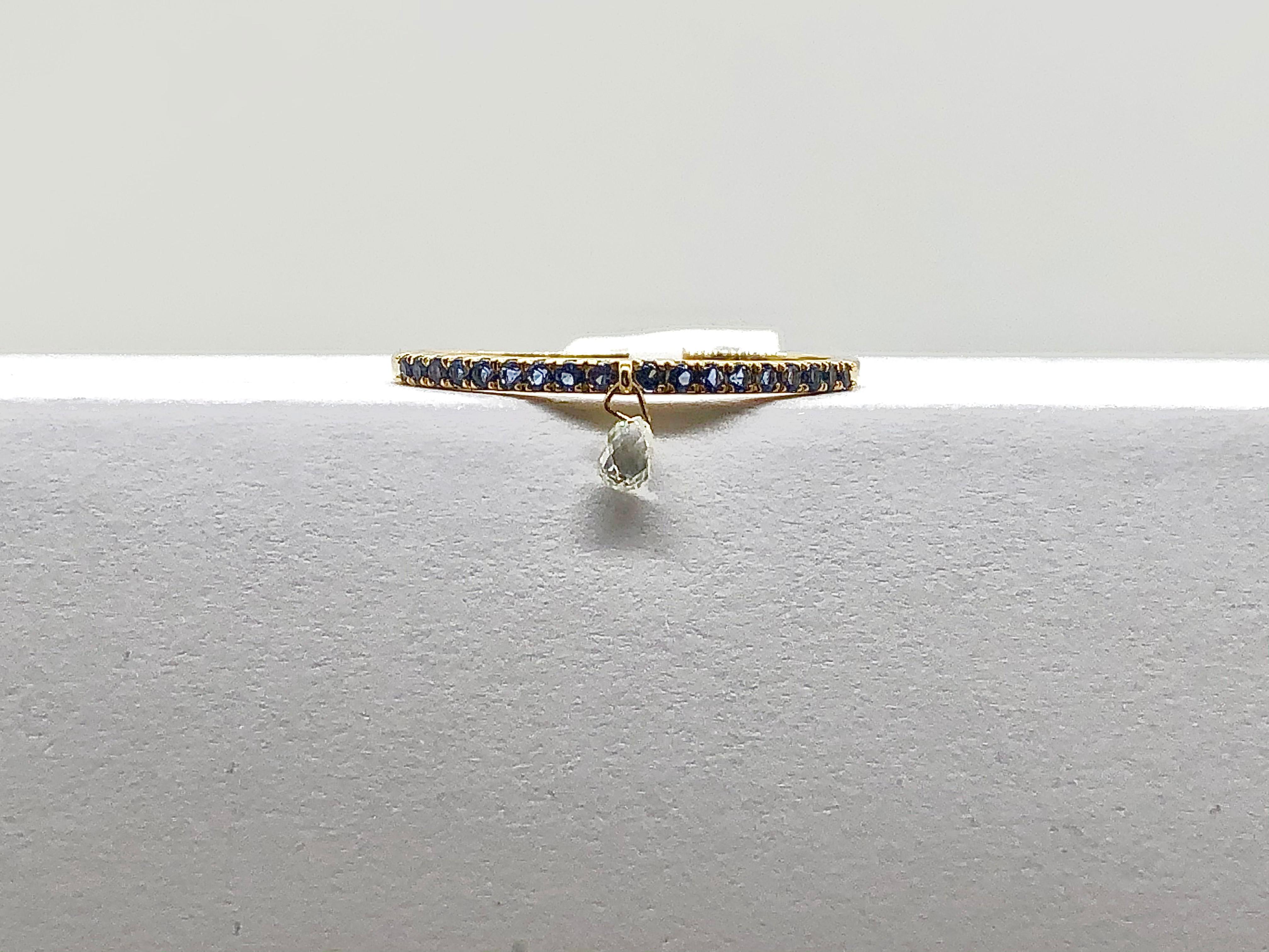 PANIM Mono Diamond Briolette & Sapphire 18K Yellow Gold Dangling Ring For Sale 5
