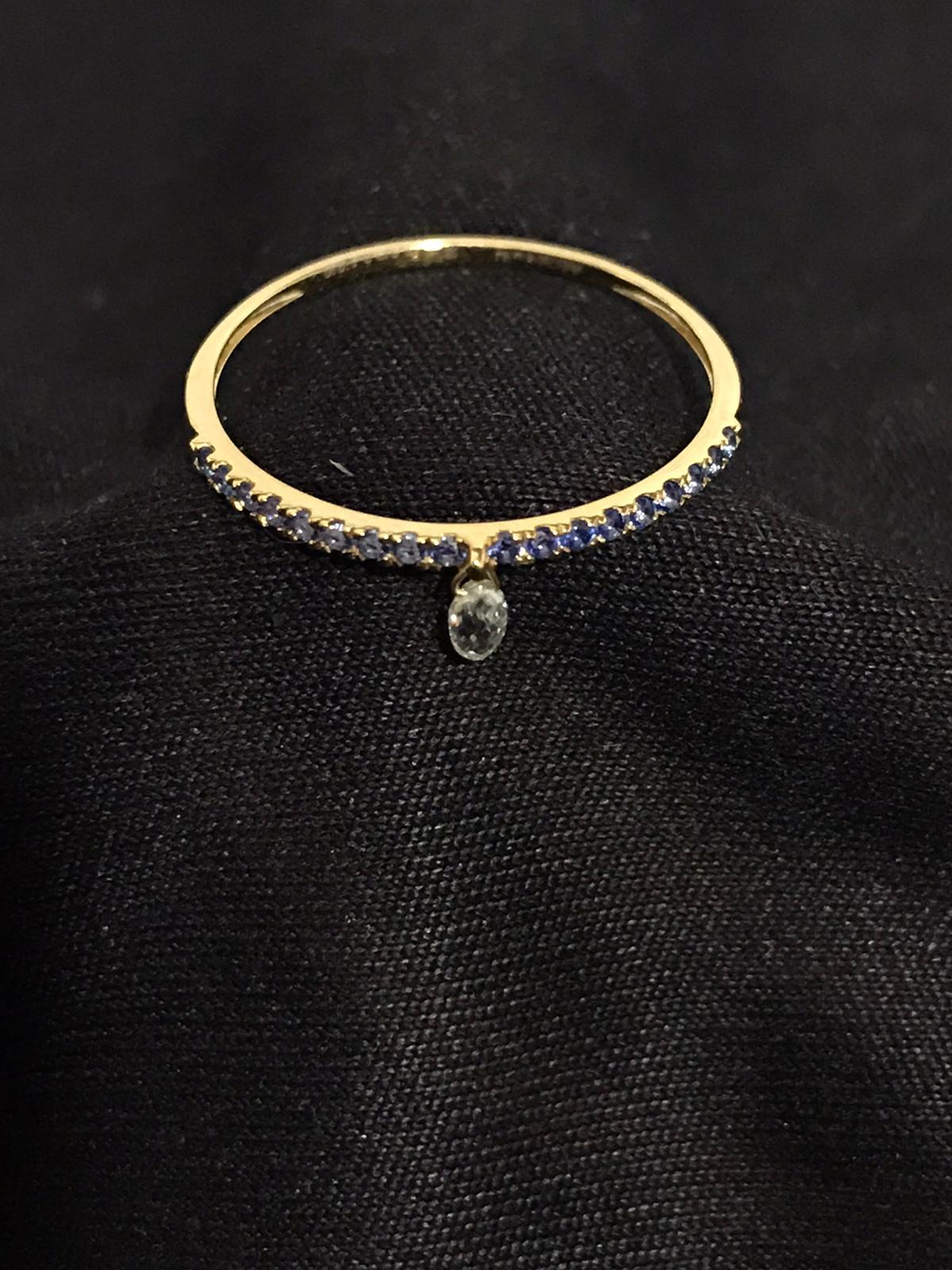 Modern PANIM Mono Diamond Briolette & Sapphire 18K Yellow Gold Dangling Ring For Sale