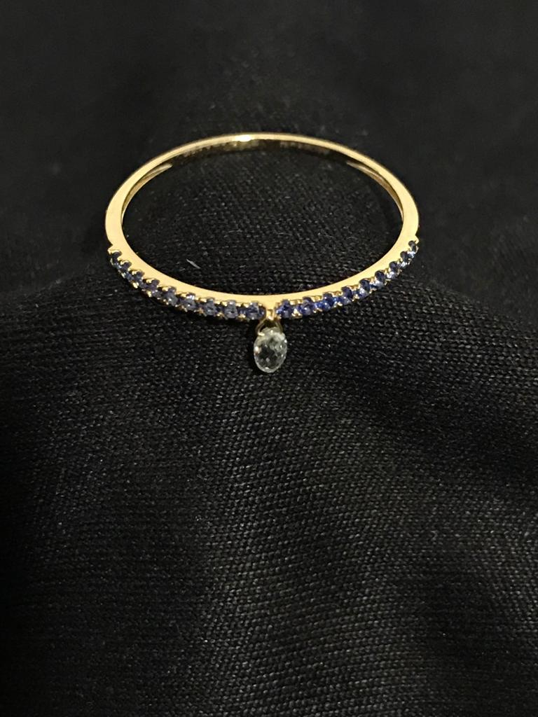 Briolette Cut PANIM Mono Diamond Briolette & Sapphire 18K Yellow Gold Dangling Ring For Sale