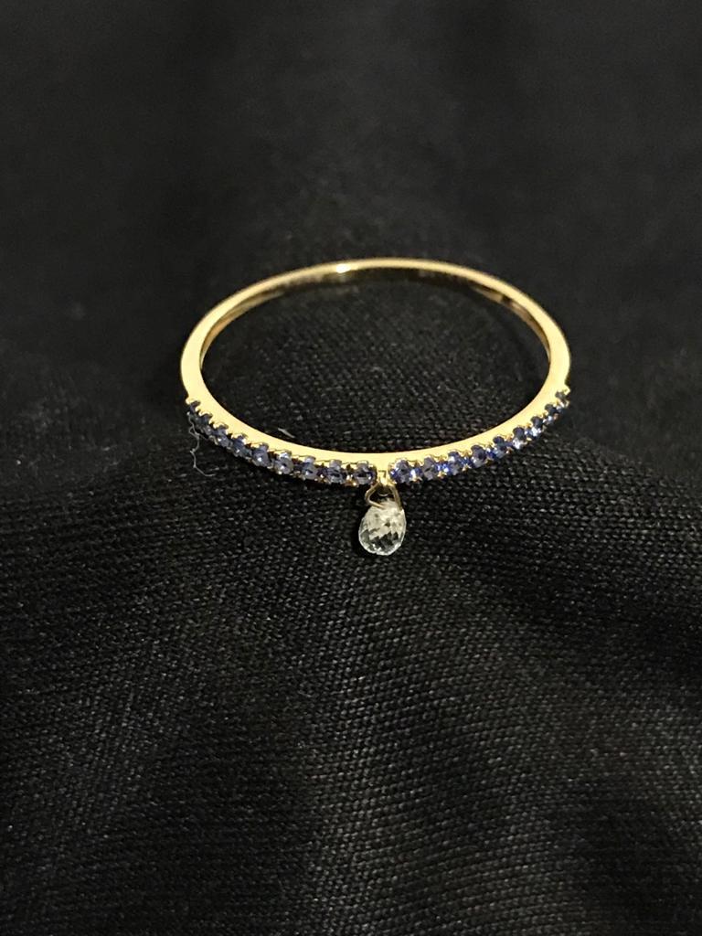 Women's PANIM Mono Diamond Briolette & Sapphire 18K Yellow Gold Dangling Ring For Sale
