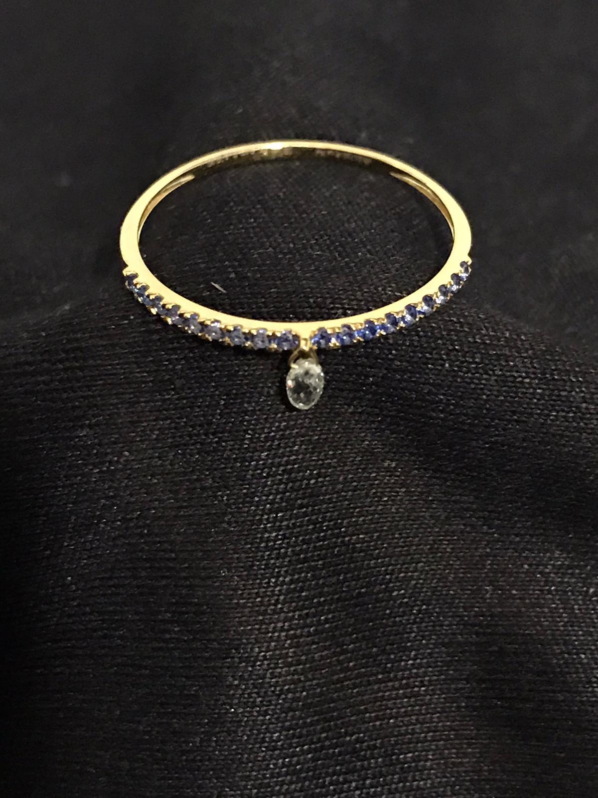 PANIM Mono Diamond Briolette & Sapphire 18K Yellow Gold Dangling Ring For Sale 1