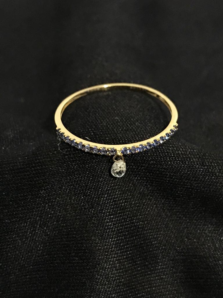 PANIM Mono Diamond Briolette & Sapphire 18K Yellow Gold Dangling Ring For Sale 2