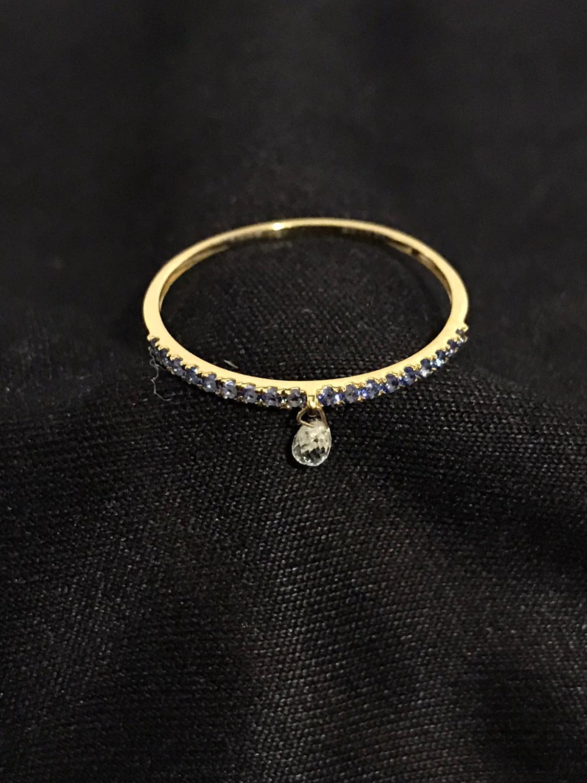 PANIM Mono Diamond Briolette & Sapphire 18K Yellow Gold Dangling Ring For Sale 3