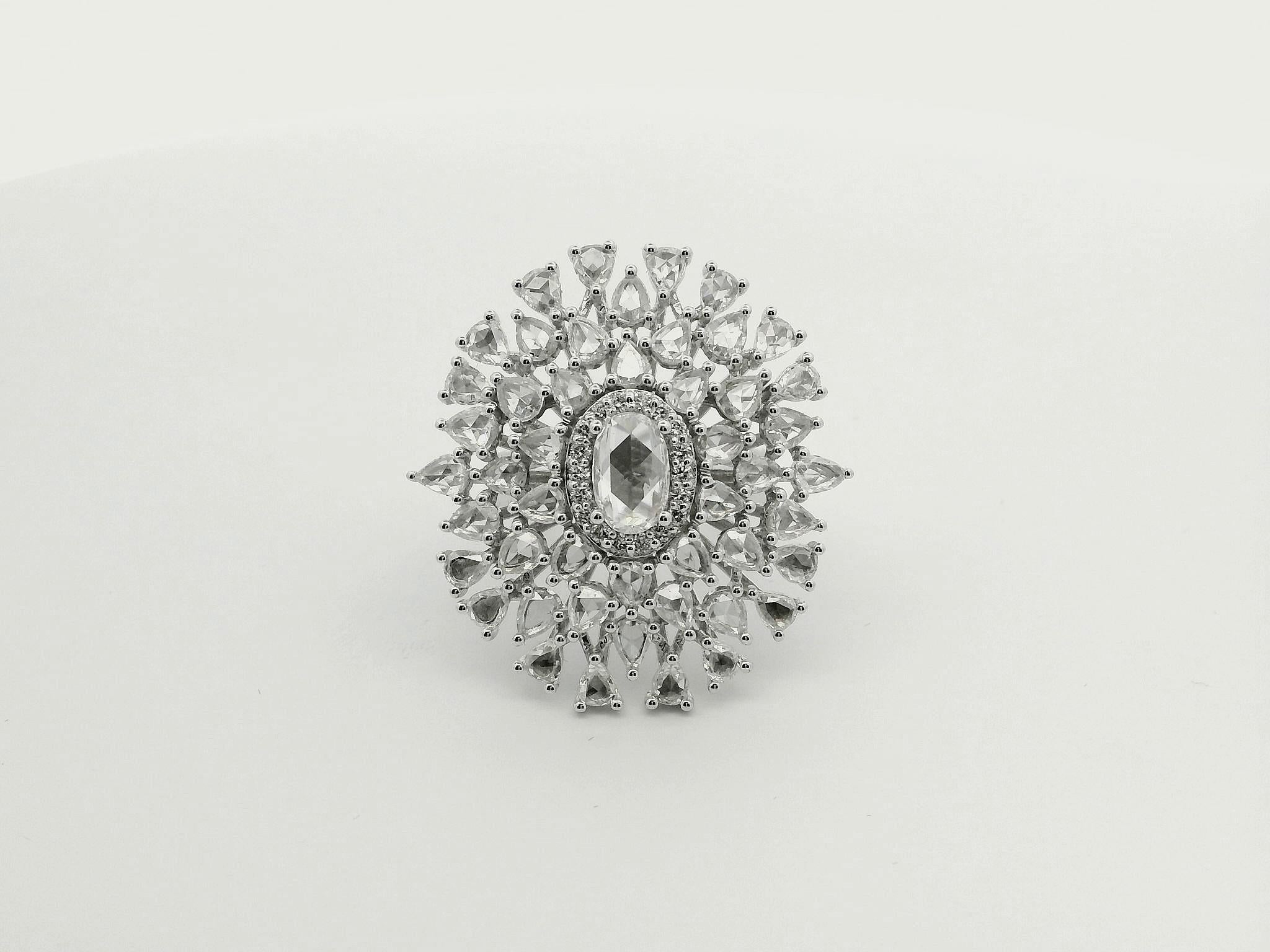 PANIM Oval Diamond  Rosecut Floral Diamond Cocktail Ring in 18K White Gold For Sale 5