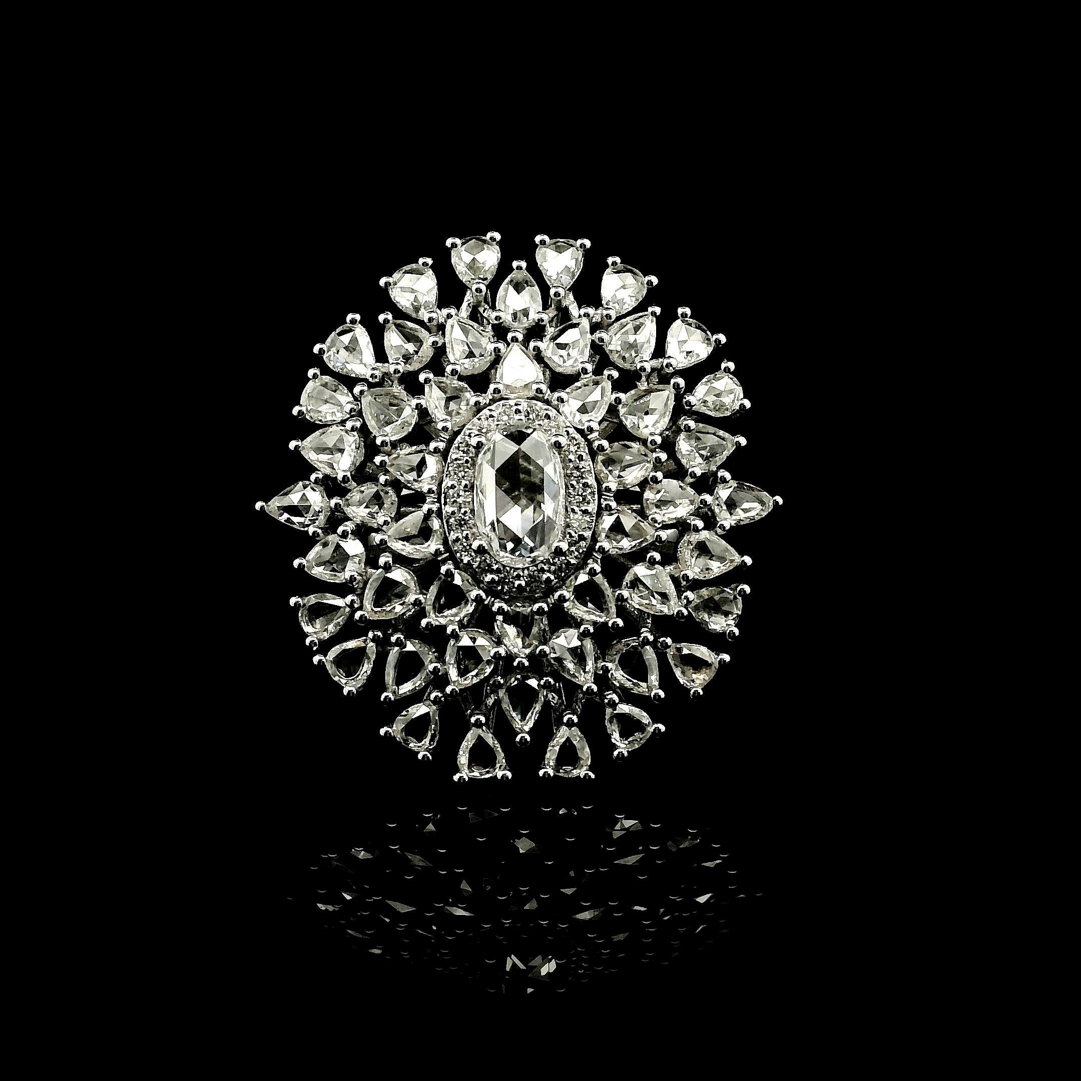 PANIM Oval Diamond  Rosecut Floral Diamond Cocktail Ring in 18K White Gold For Sale 8
