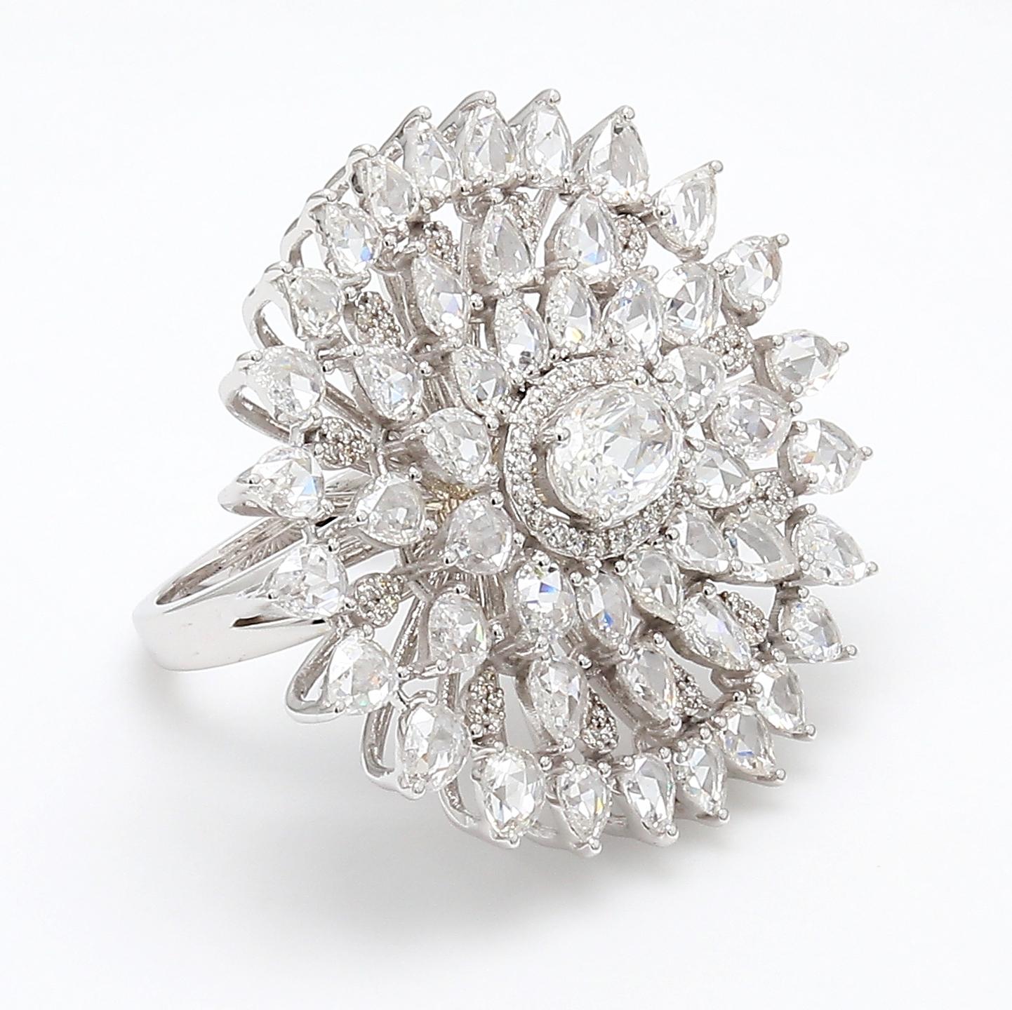 Women's PANIM Oval Diamond  Rosecut Floral Diamond Cocktail Ring in 18K White Gold For Sale