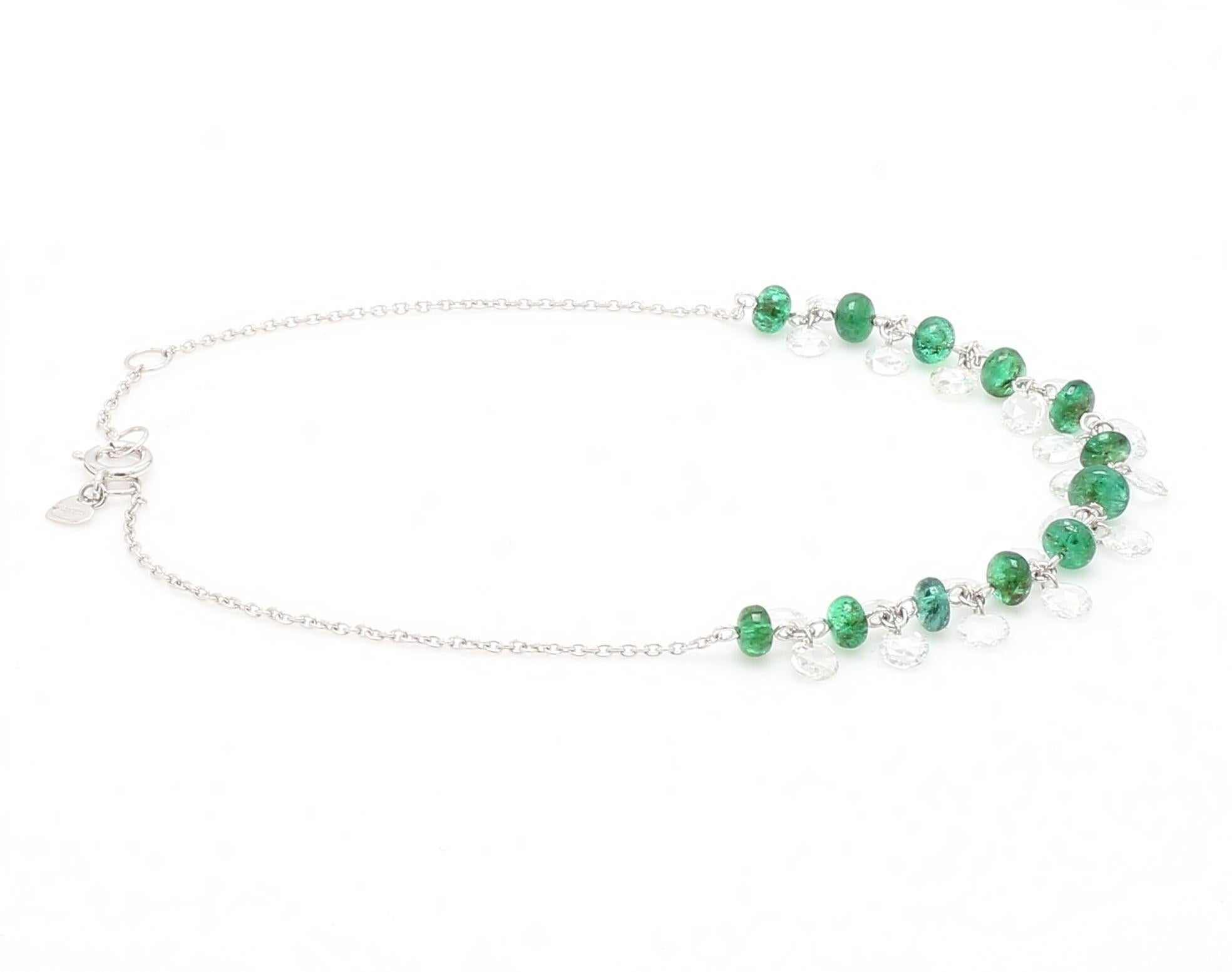 PANIM Rose Cut Diamond and Emerald Dangling Bracelet in 18 Karat White Gold For Sale 5