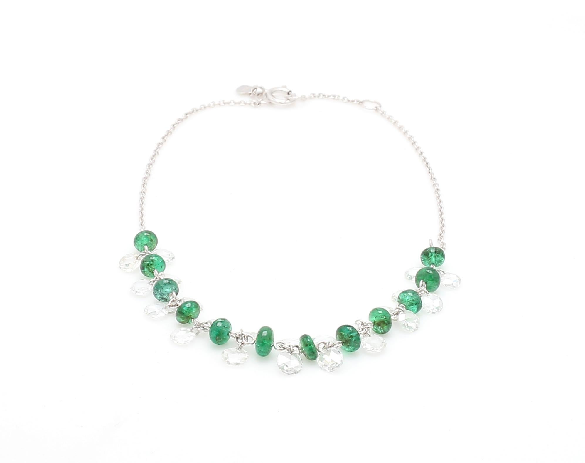 PANIM Rose Cut Diamond and Emerald Dangling Bracelet in 18 Karat White Gold For Sale 7