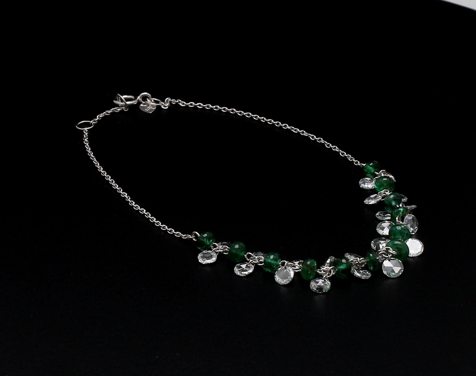 Women's PANIM Rose Cut Diamond and Emerald Dangling Bracelet in 18 Karat White Gold For Sale
