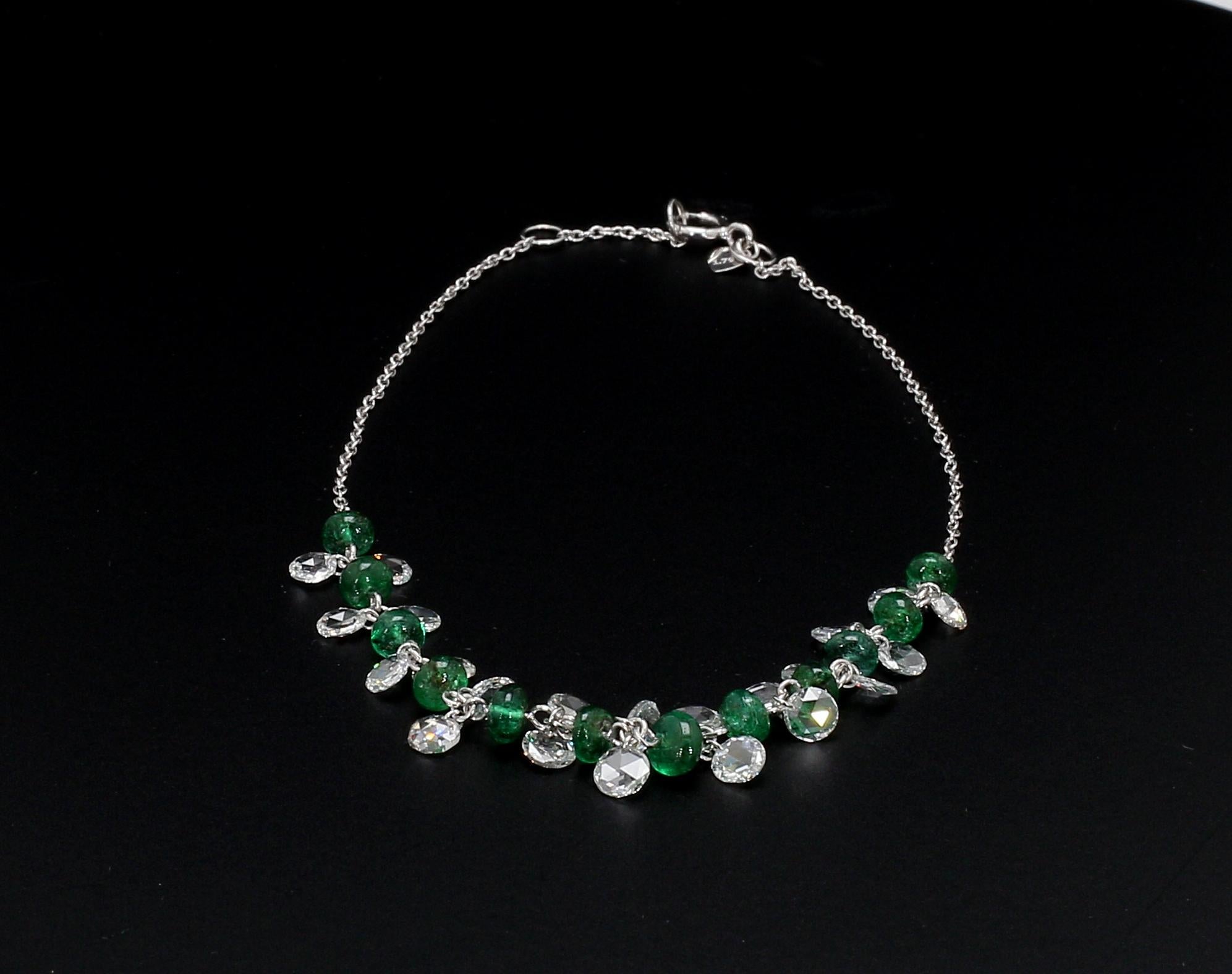 PANIM Rose Cut Diamond and Emerald Dangling Bracelet in 18 Karat White Gold For Sale 1