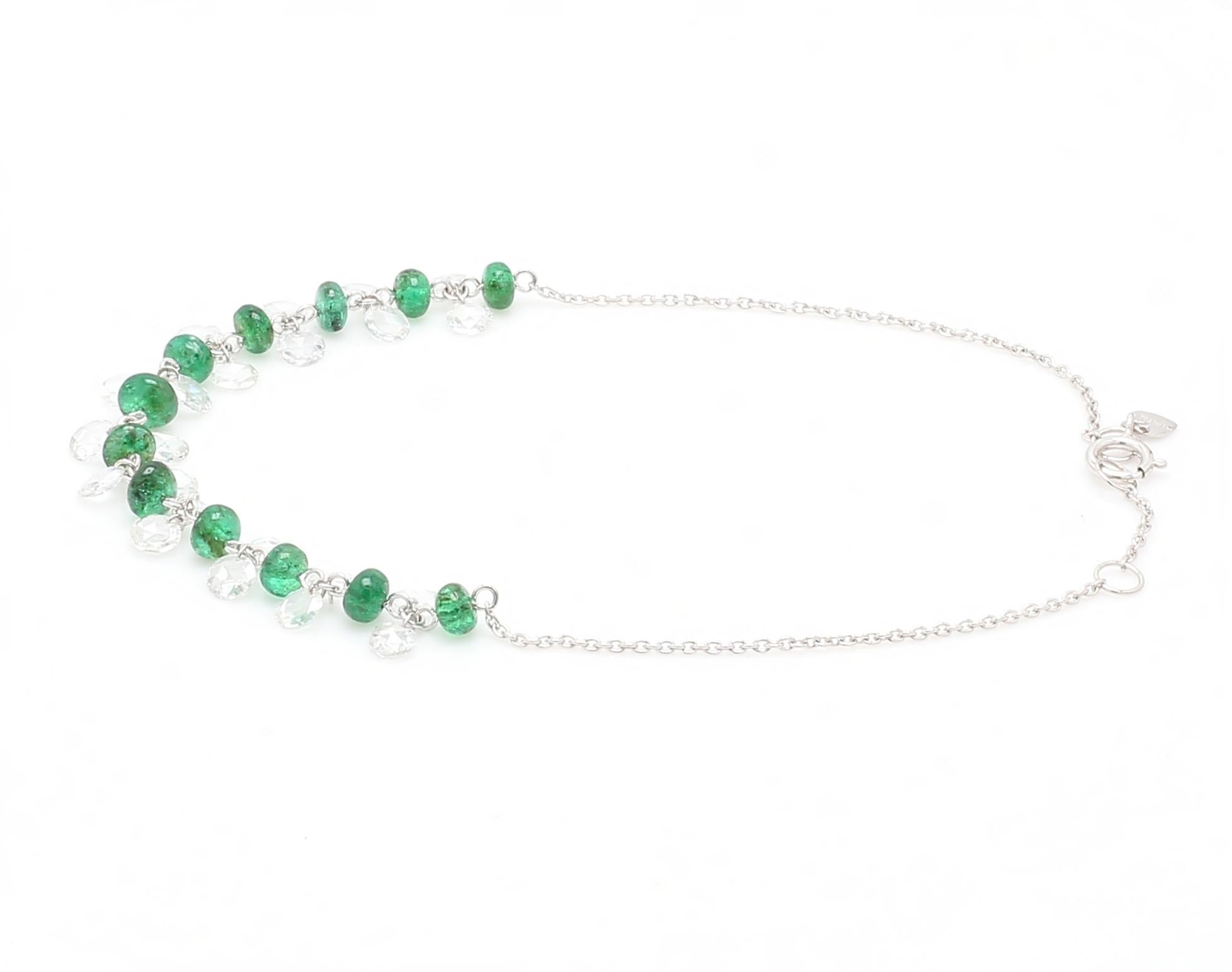 PANIM Rose Cut Diamond and Emerald Dangling Bracelet in 18 Karat White Gold For Sale 3