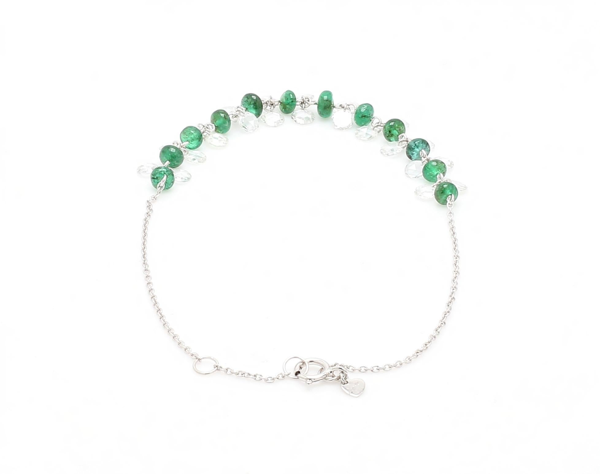 PANIM Rose Cut Diamond and Emerald Dangling Bracelet in 18 Karat White Gold For Sale 4