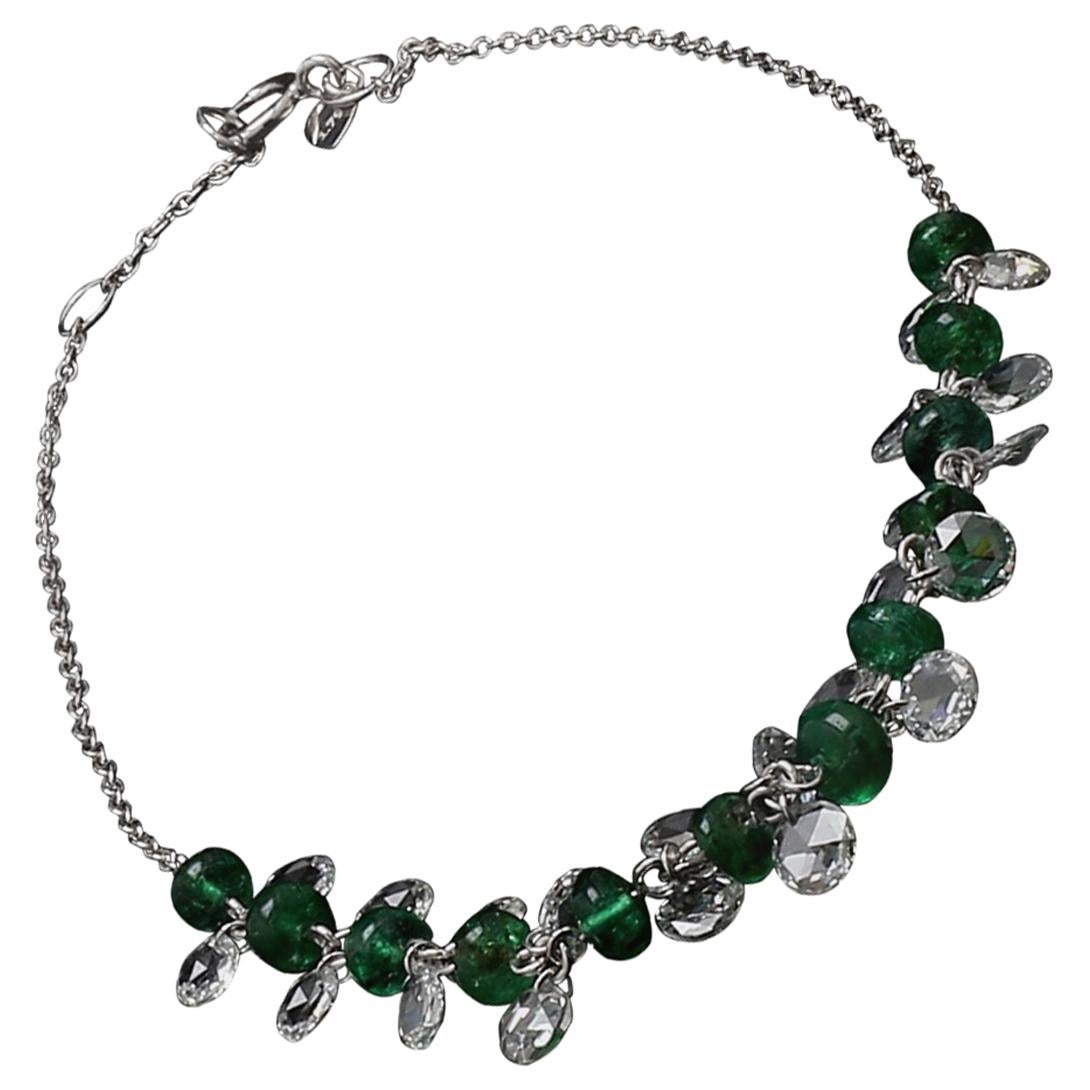 PANIM Rose Cut Diamond and Emerald Dangling Bracelet in 18 Karat White Gold For Sale