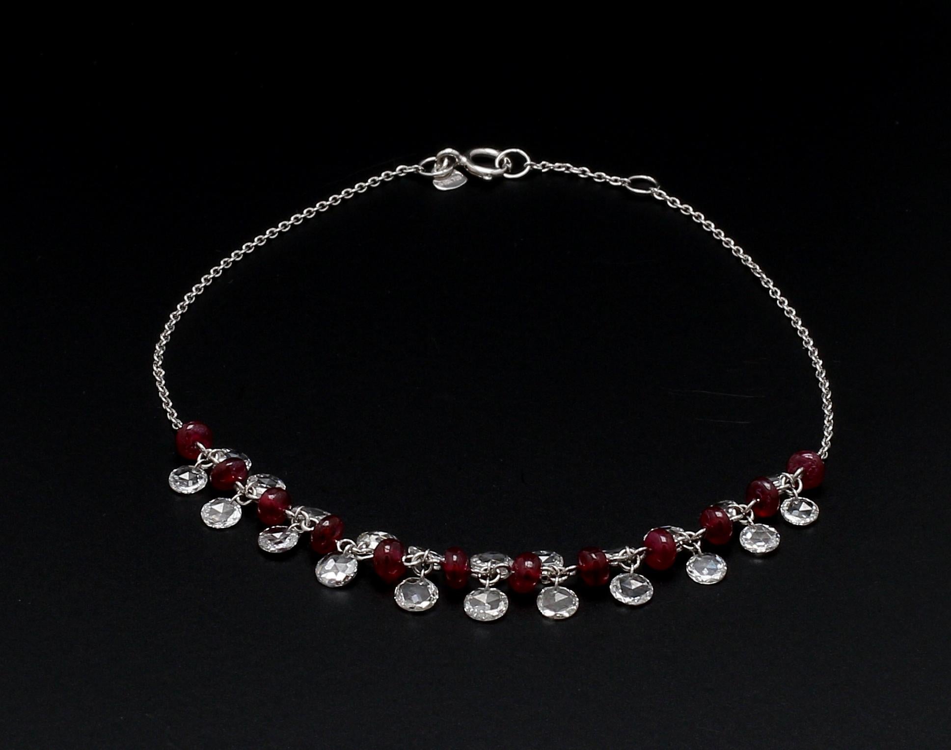 Women's PANIM Rose Cut Diamond and Ruby Dangling Bracelet in 18 Karat White Gold For Sale
